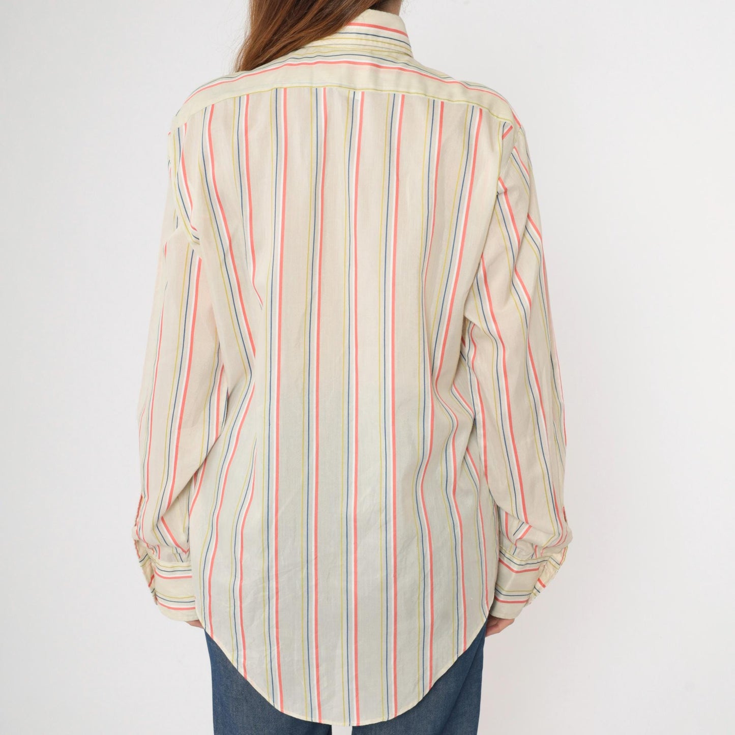 70s Arrow Collar Striped Button-Up Shirt Pointed Collar Coral Yellow Blue Medium
