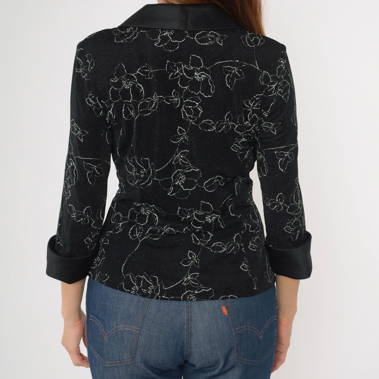 90s Alex Evenings Metallic Floral Wrap Blouse Black Silver Satin Collar Small
