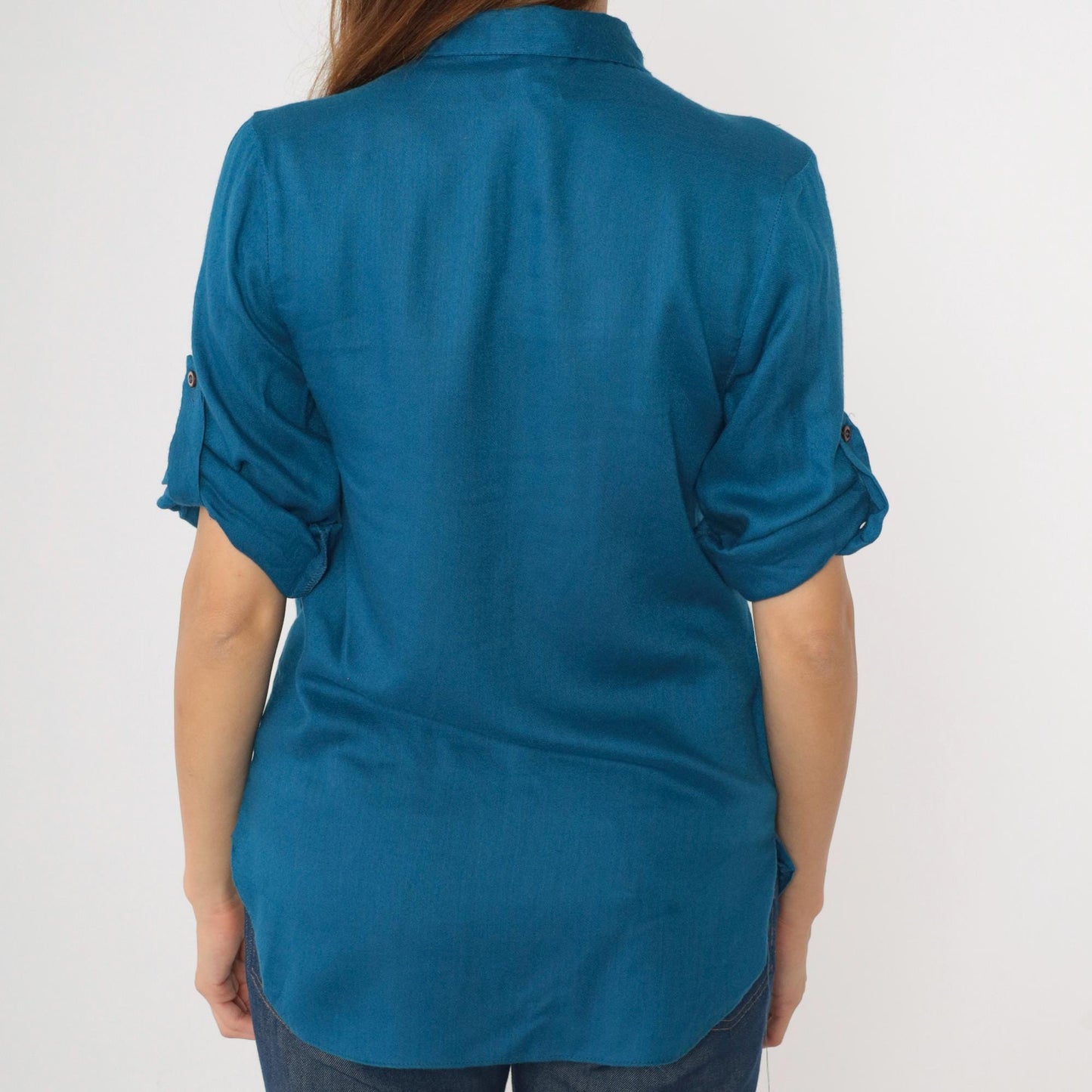80s Blue Button-Up Blouse Roll Tab Sleeves Chest Pocket Small