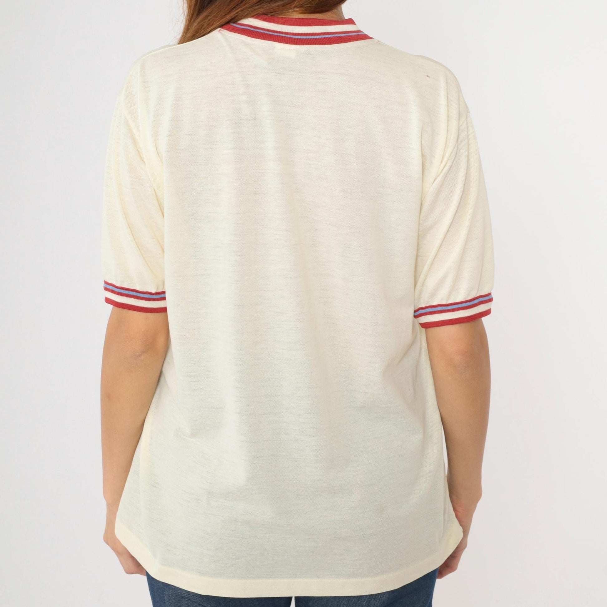 80s Munsingwear Grand Slam Penguin Ringer Tee Cream Red Striped Medium