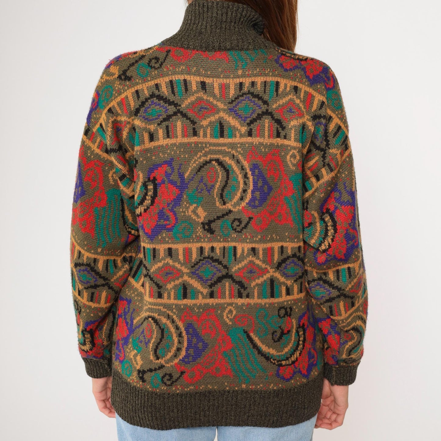 80s Meister Wool Blend Sweater Multicolor Paisley Shawl Collar Medium Large