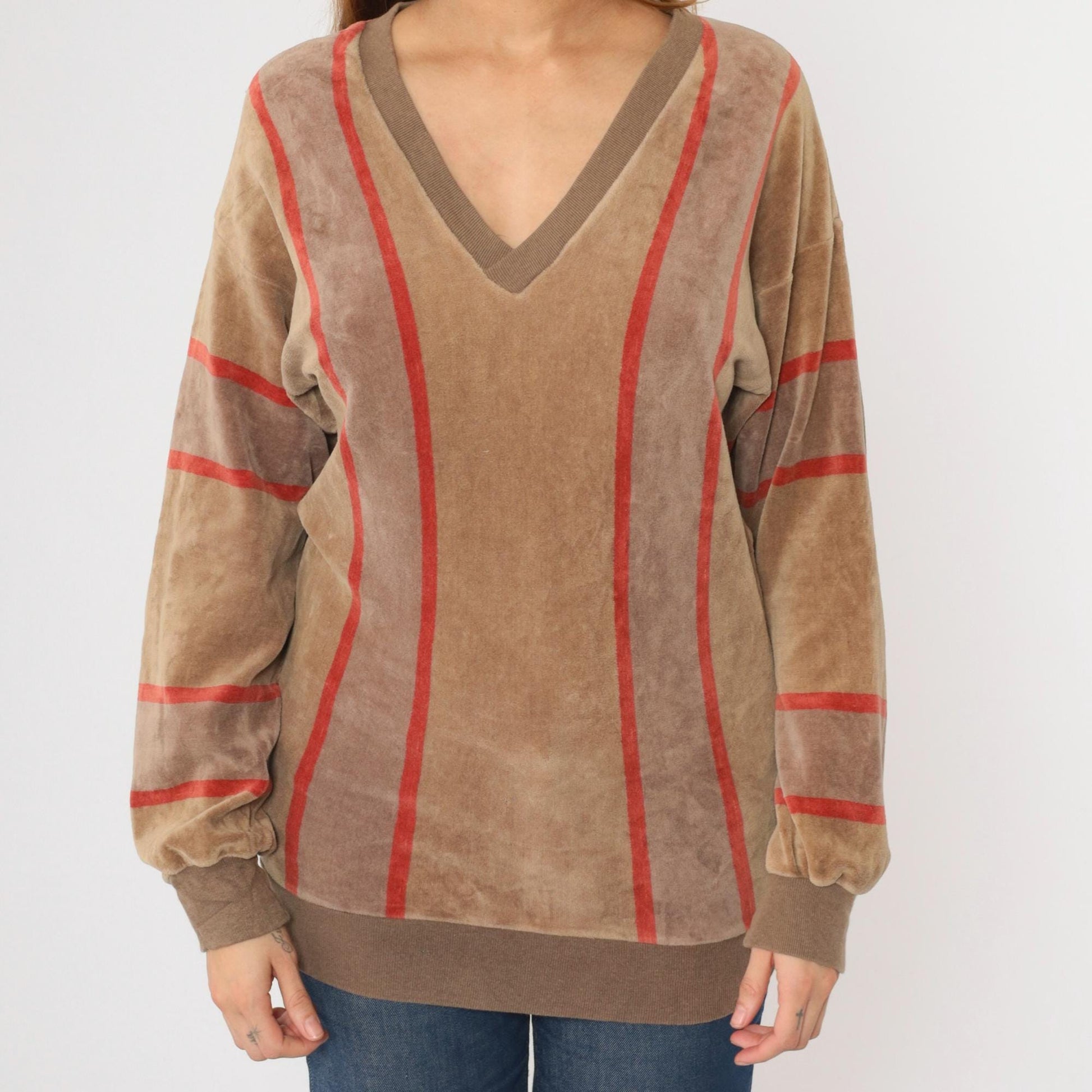 80s Bay Club Velour Sweatshirt Brown Red Striped V-Neck Small