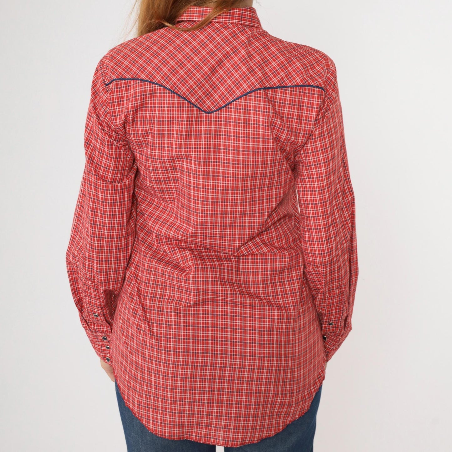 70s Western Shirt Red Plaid Pearl Snap Bib Front Long Tail Small S