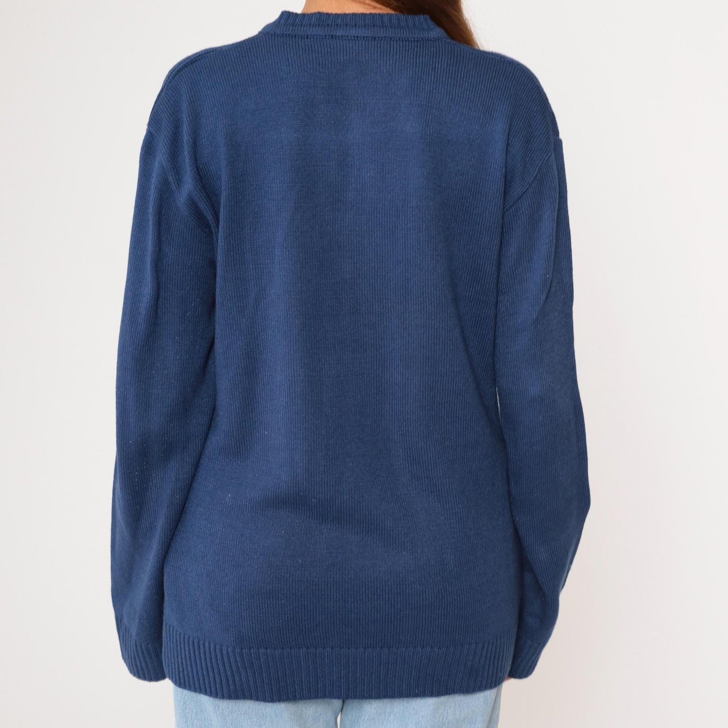 80s Dark Blue Geometric Knit V-Neck Pullover Sweater Tricot Medium M