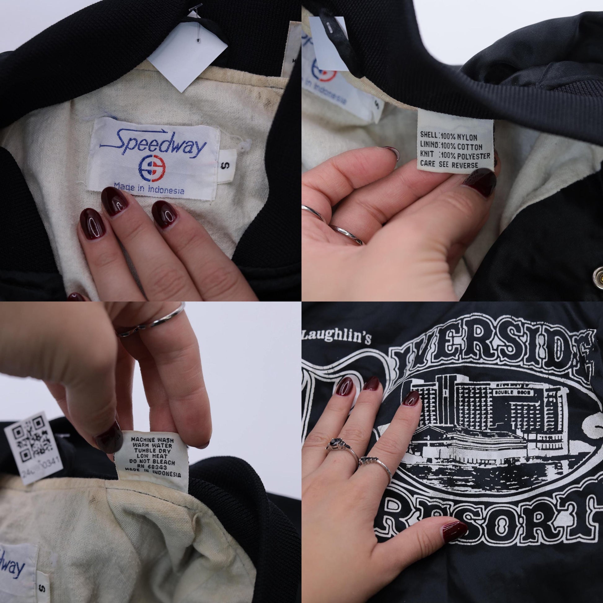 90s Riverside Resort Laughlin Nevada Satin Bomber Jacket Black Snap Small