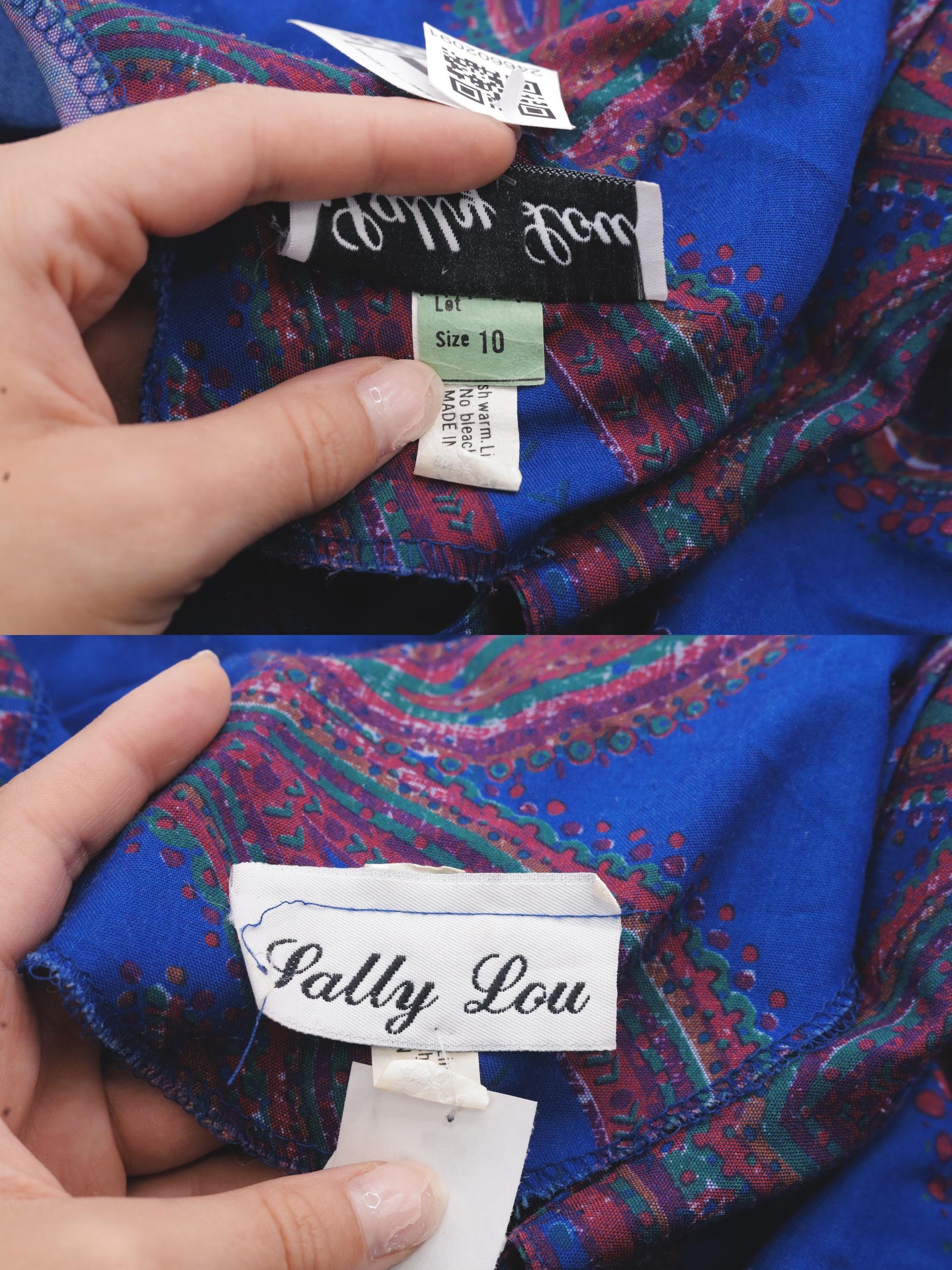 80s Paisley Midi Shirtdress Royal Blue High Waist Puff Sleeve Button Up Medium