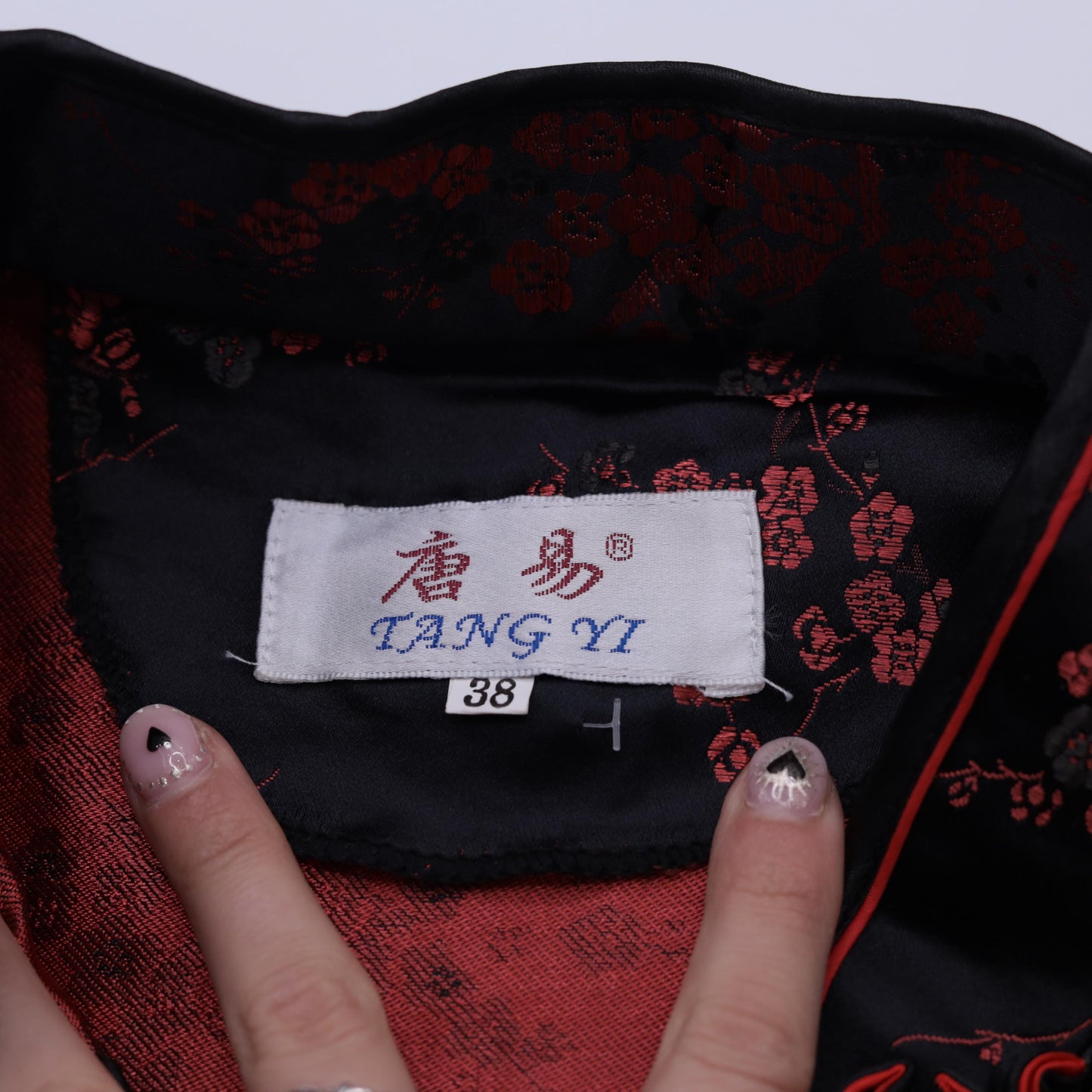 90s Black Satin Cheongsam Red Floral Jacquard Qipao Mini Dress Medium