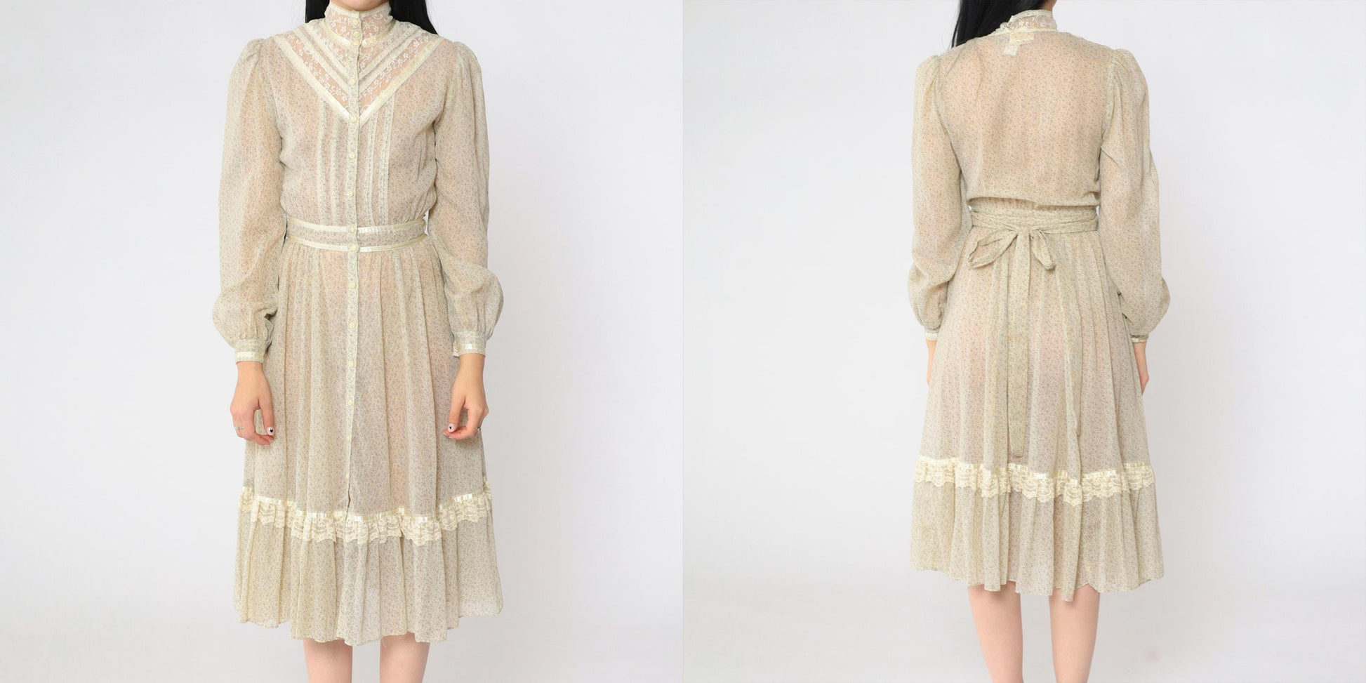 70s Gunne Sax Floral Calico Midi Dress Cream Puff Sleeve Lace Extra Small