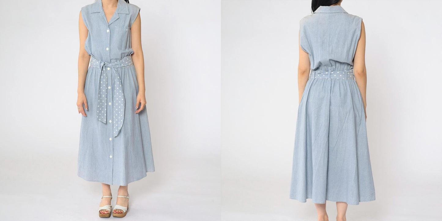 80s Blue Chambray Sleeveless Shirt Dress Polka Dot Sash Pockets Medium