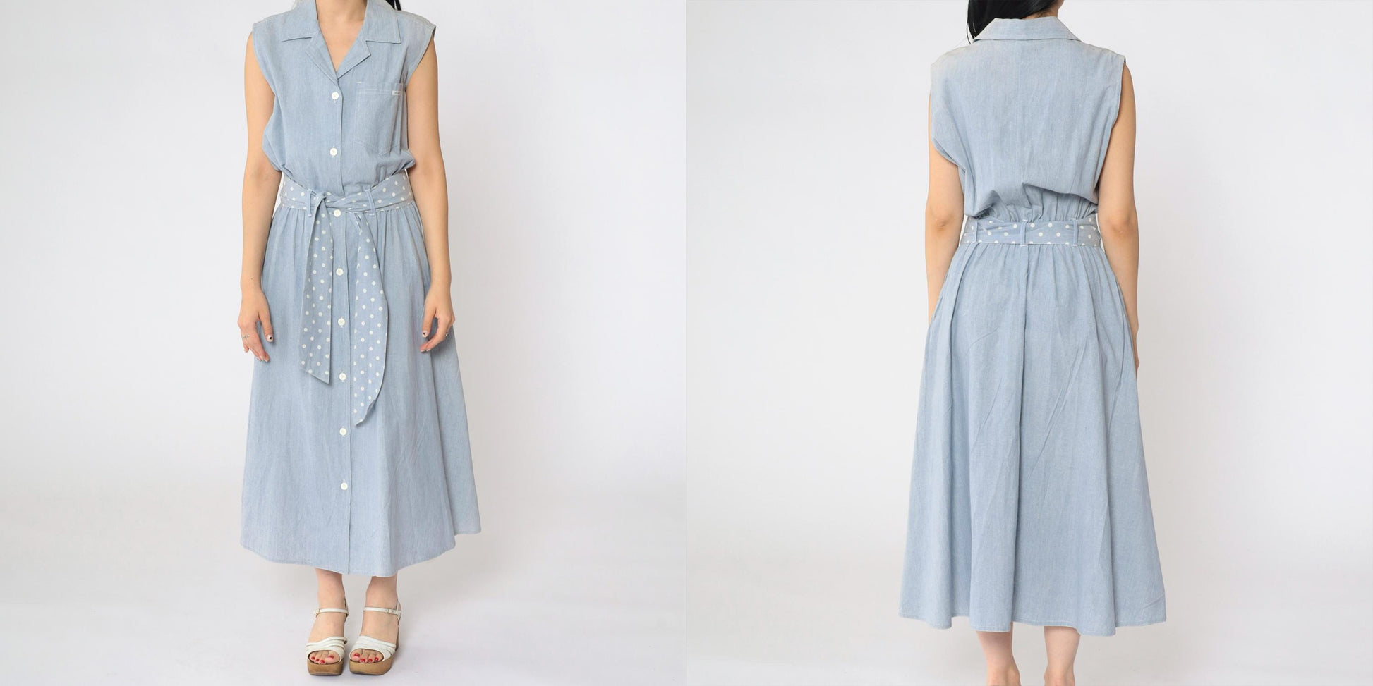 80s Blue Chambray Sleeveless Shirt Dress Polka Dot Sash Pockets Medium