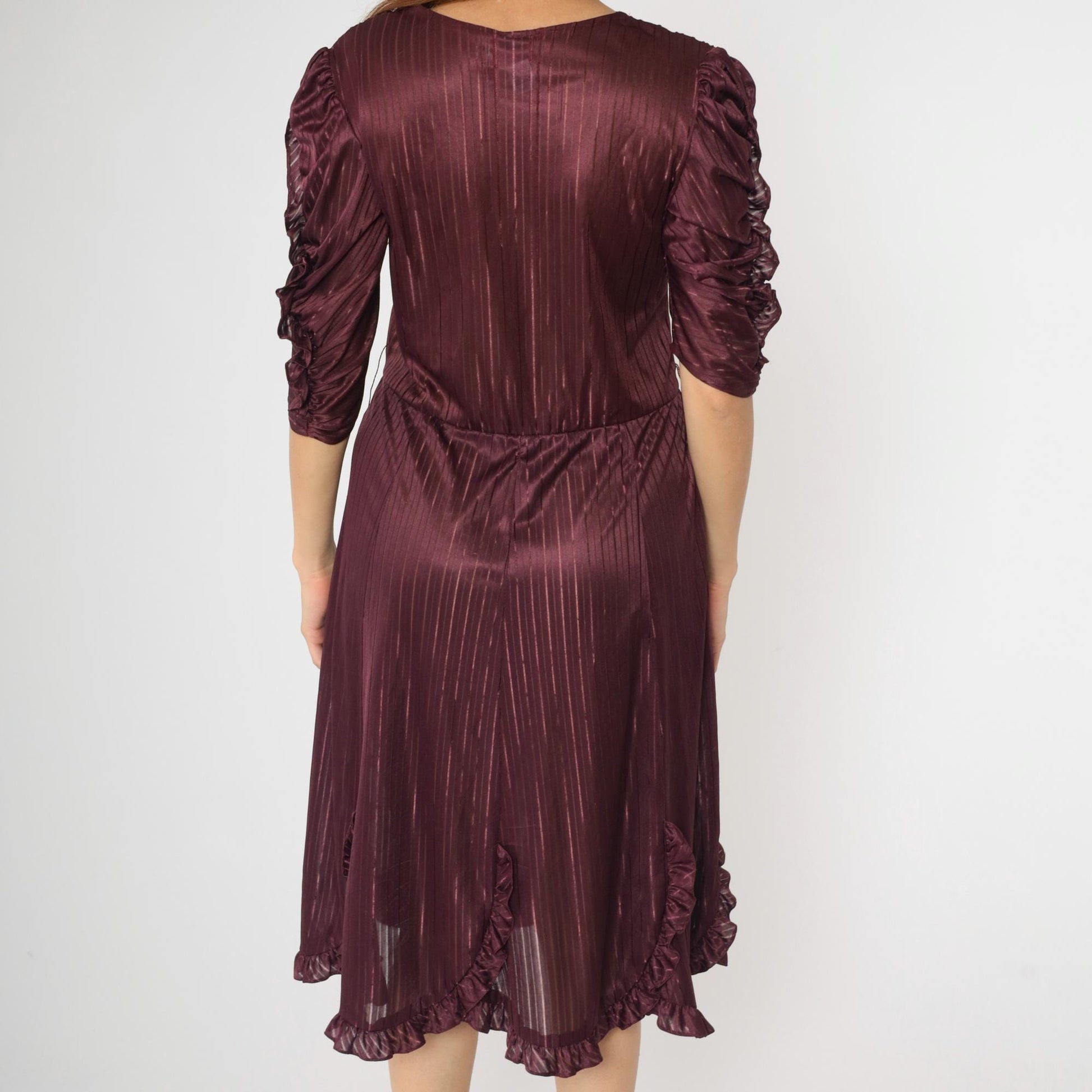 80s Plum Midi Dress Puff Sleeve Faux Wrap V-Neck Sheer Striped Medium M