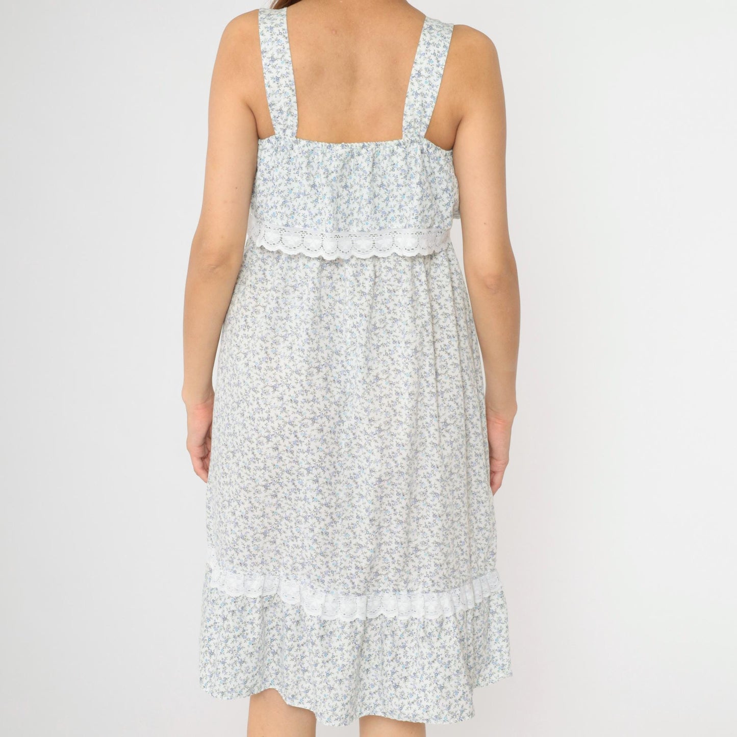 70s Floral Midi Dress Empire Waist Ruffle Lace Trim Blue White Small