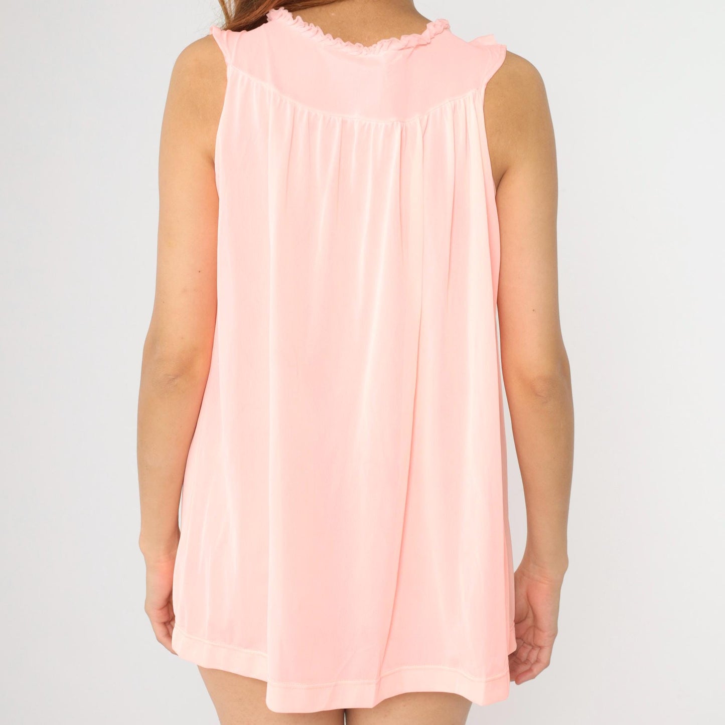 60s Pink Nylon Babydoll Nightgown Ruffle Yoke Slip Dress Small