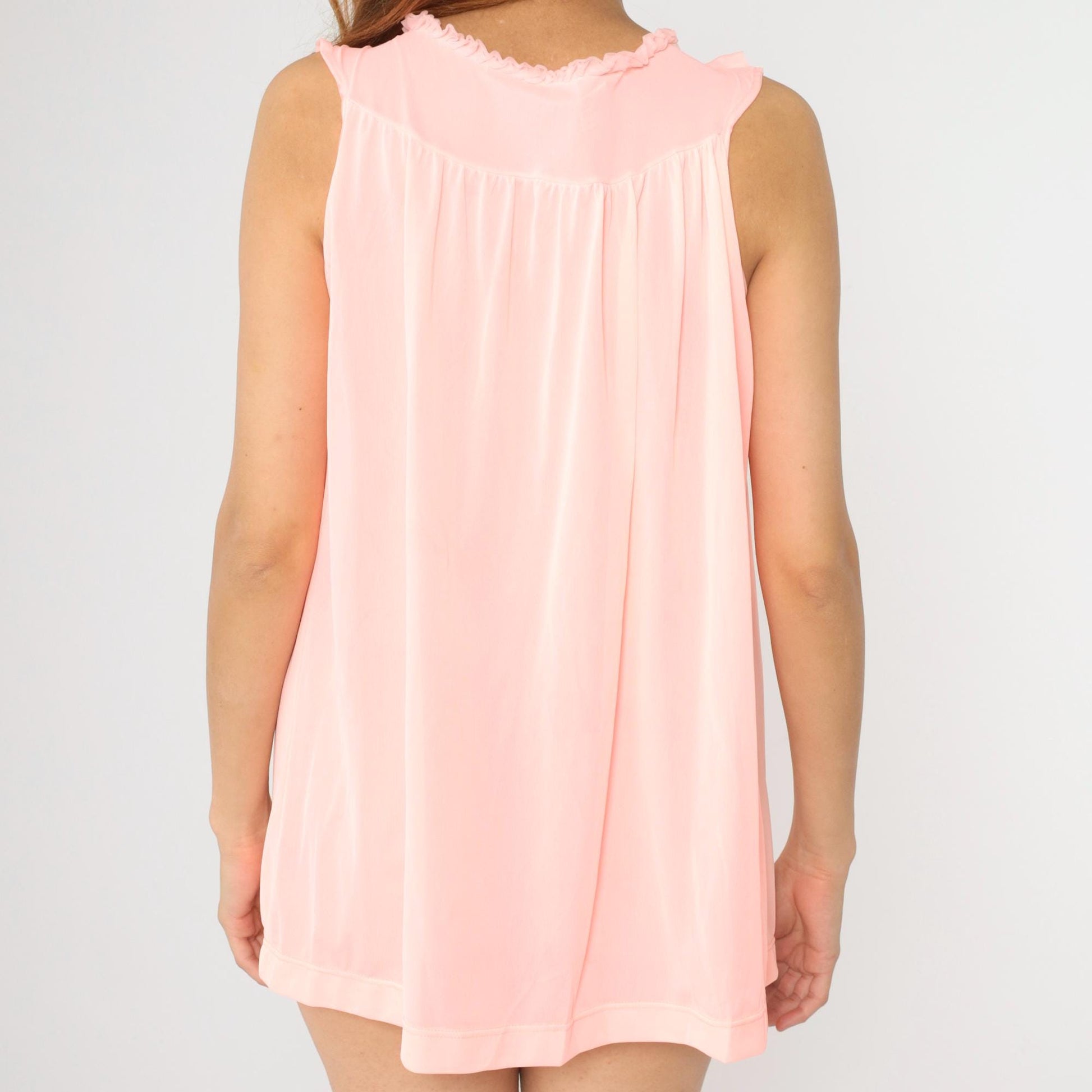 60s Pink Nylon Babydoll Nightgown Ruffle Yoke Slip Dress Small
