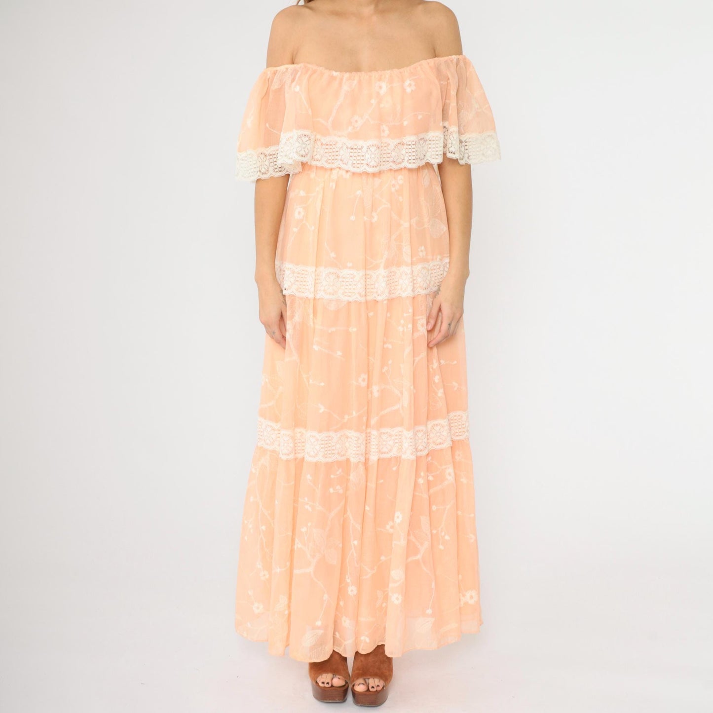 70s Peach Floral Off-Shoulder Maxi Dress Lace Tiered Peasant Small