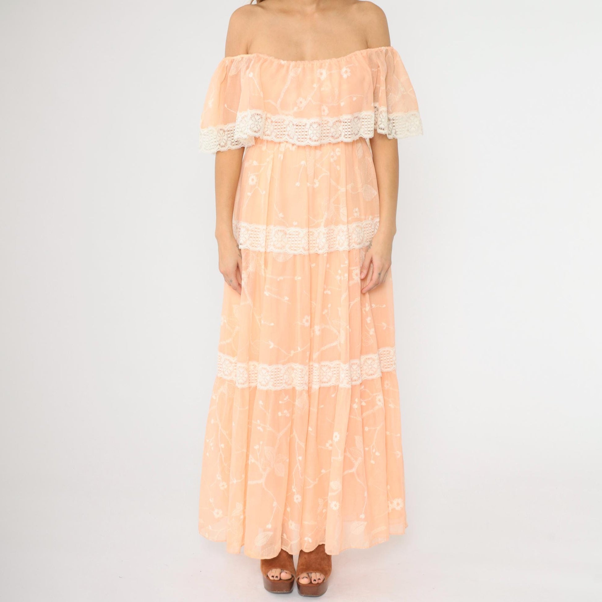 70s Peach Floral Off-Shoulder Maxi Dress Lace Tiered Peasant Small