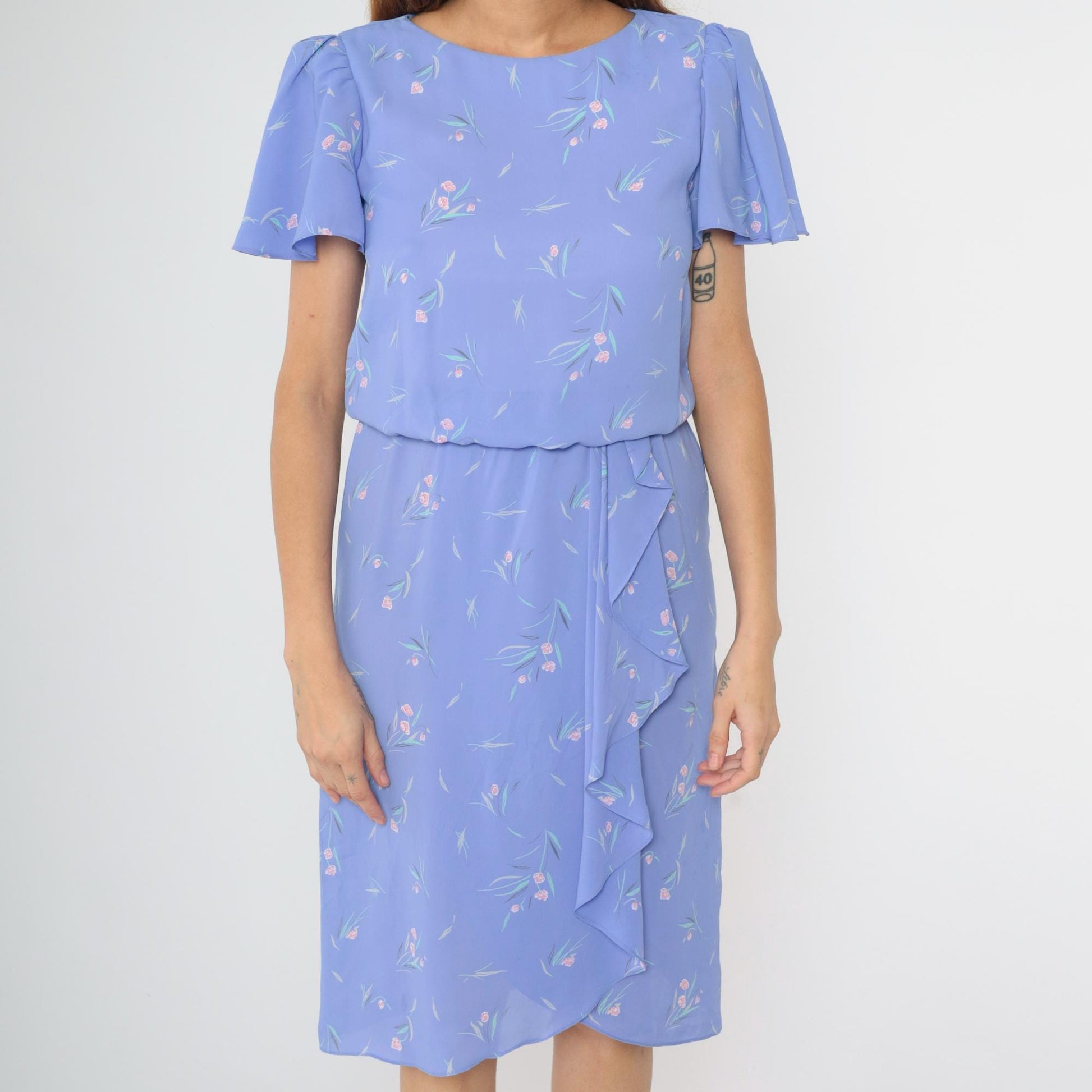1970s Lavender Floral Midi Dress Flutter Sleeves Blouson Wrap Small
