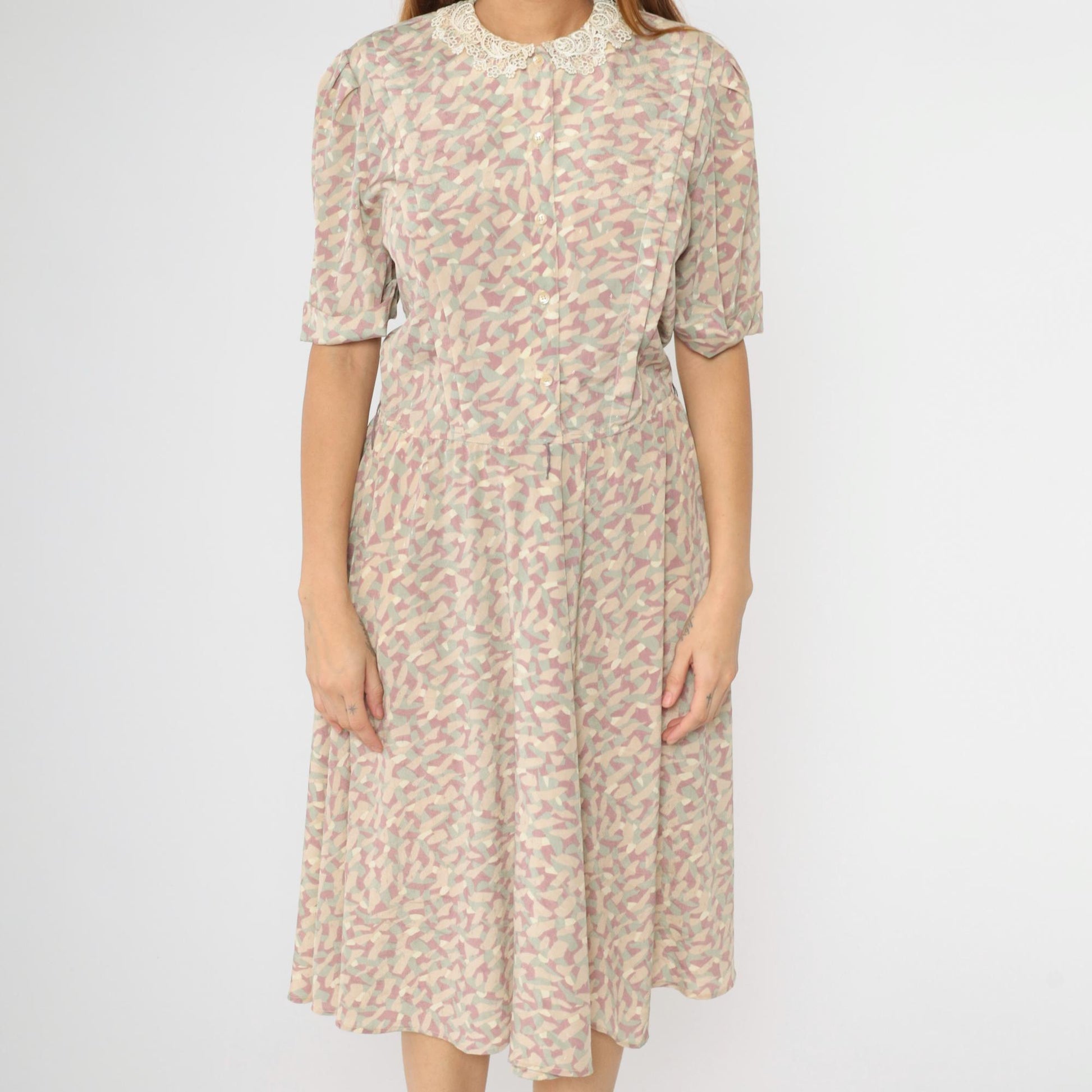 80s Jackie Taub Abstract Pastel Midi Dress Puff Sleeve Lace Collar Small
