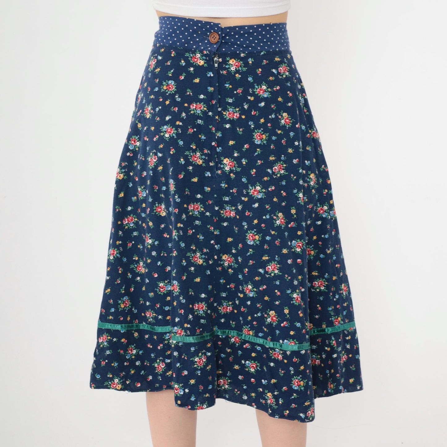 70s Gunne Sax Floral Midi Skirt Blue Polka Dot Calico Small
