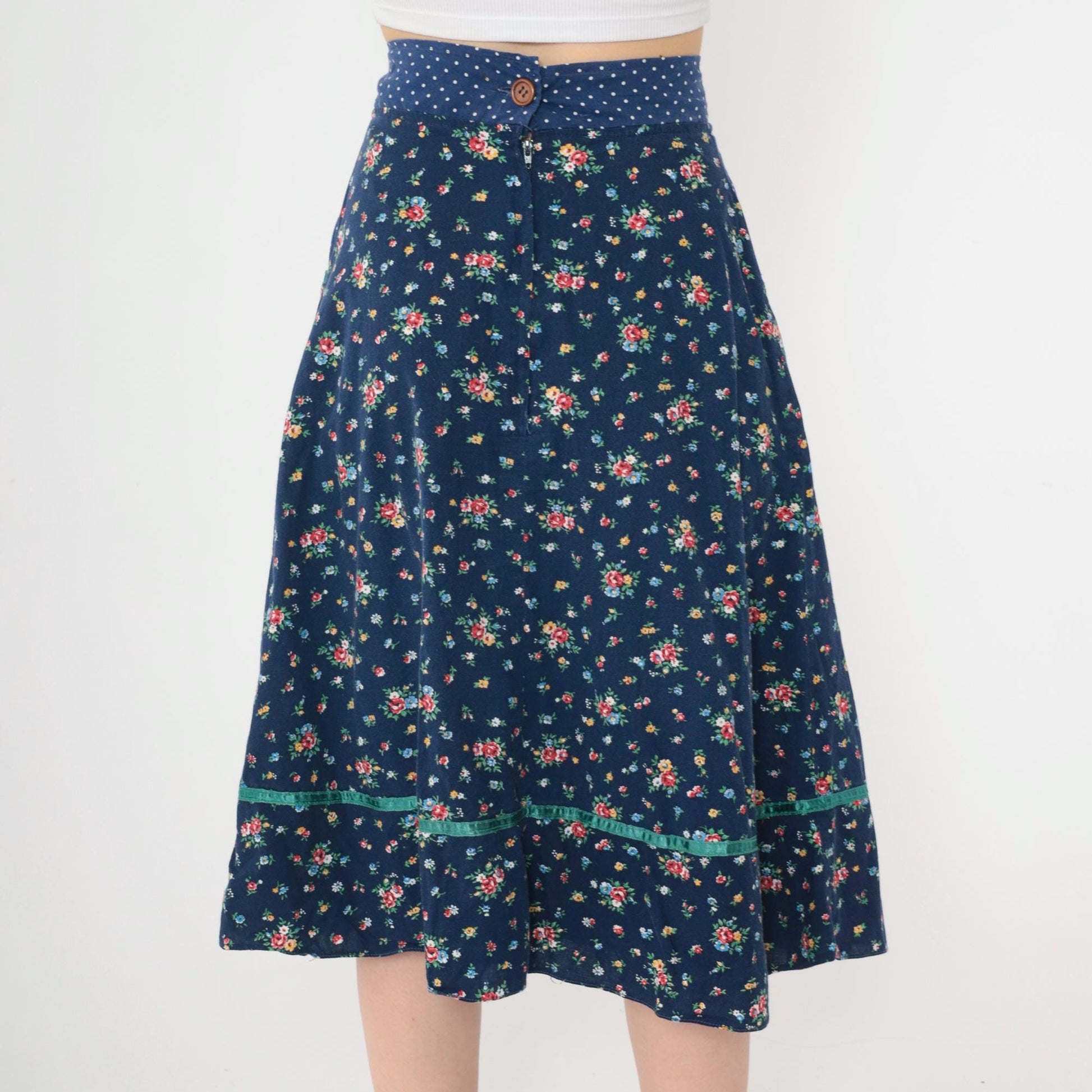 70s Gunne Sax Floral Midi Skirt Blue Polka Dot Calico Small