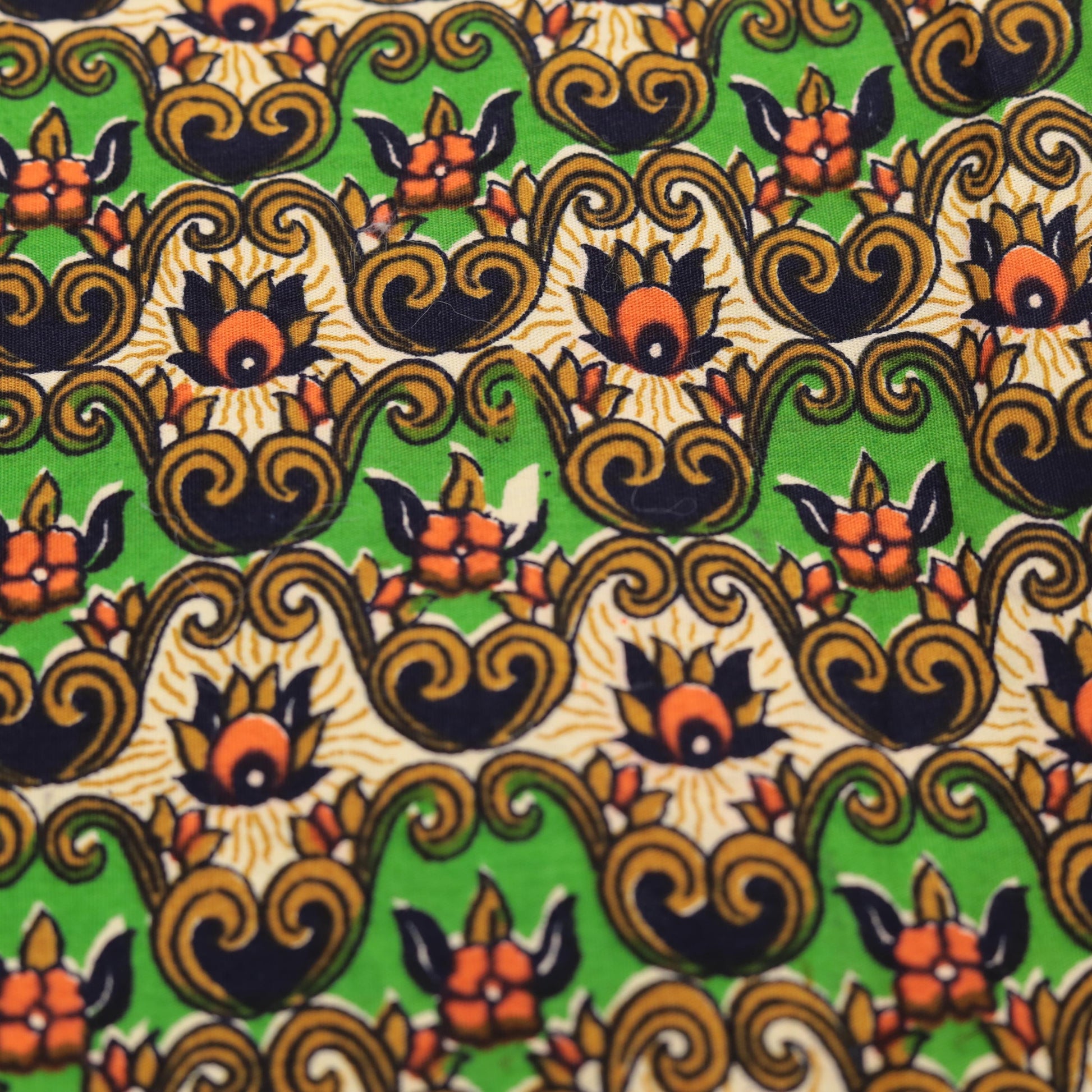 70s Cheongsam-Style Dress Green Batik Floral Print Mandarin Collar Midi XS