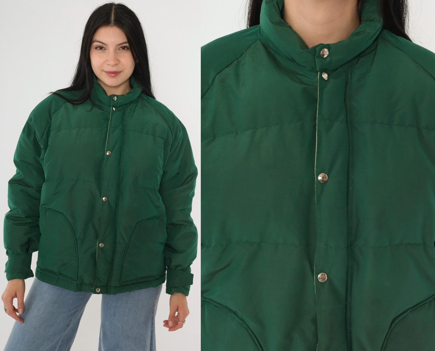 80s Green Down Puffer Jacket Nylon Ski Coat Snap Front Large L