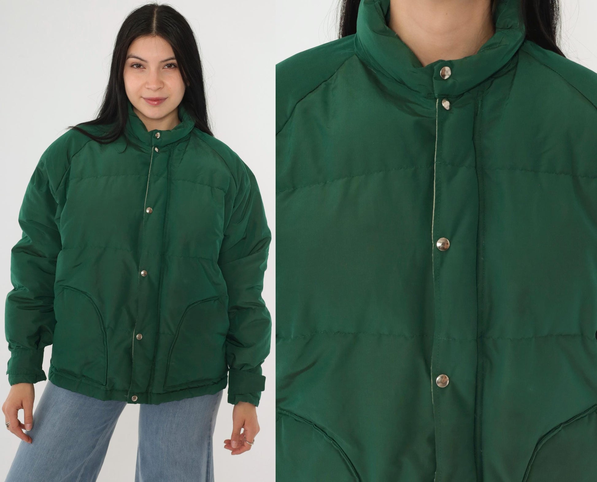 80s Green Down Puffer Jacket Nylon Ski Coat Snap Front Large L