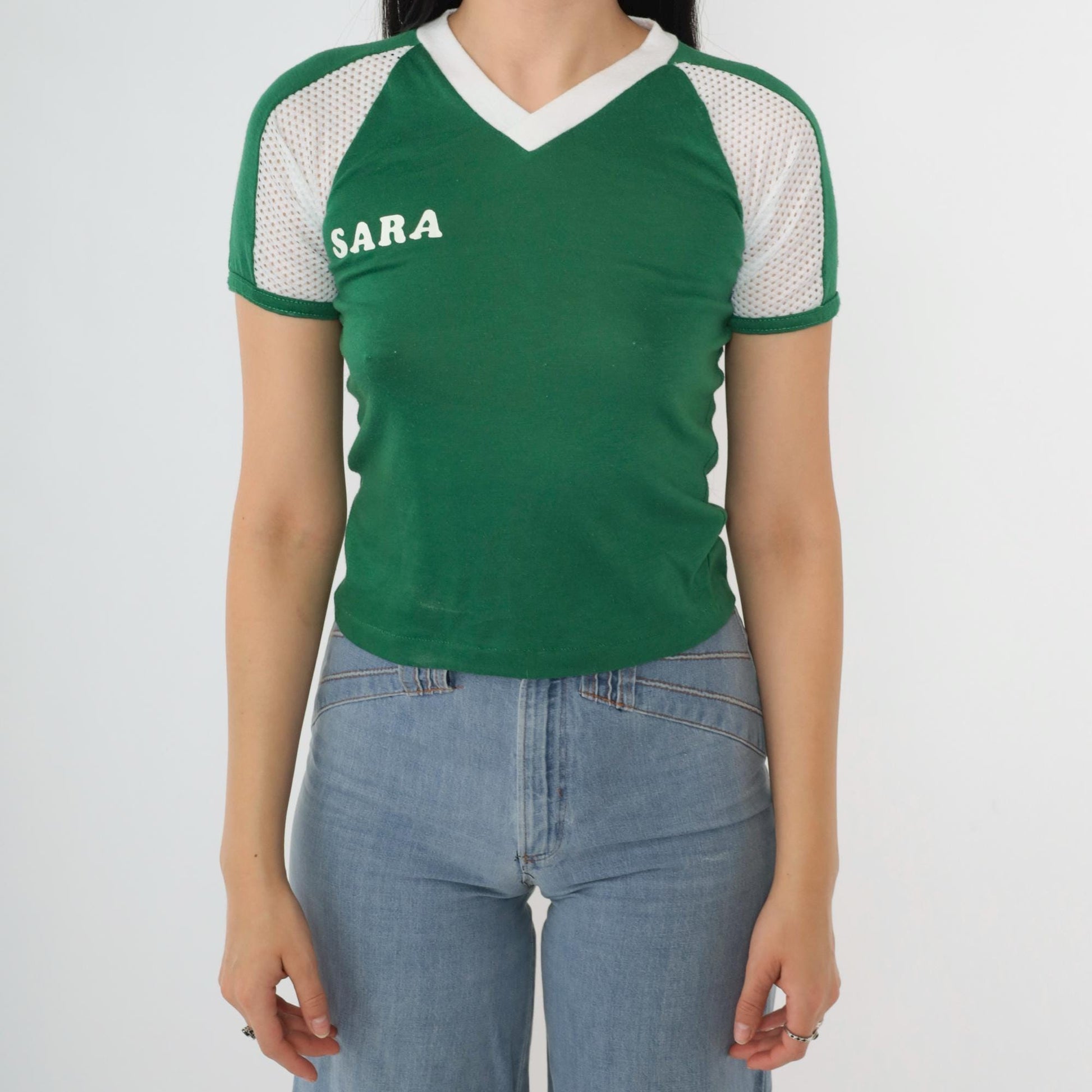 80s Lucky Leprechauns Sara Green Mesh Raglan V-Neck Ringer Tee 2XS
