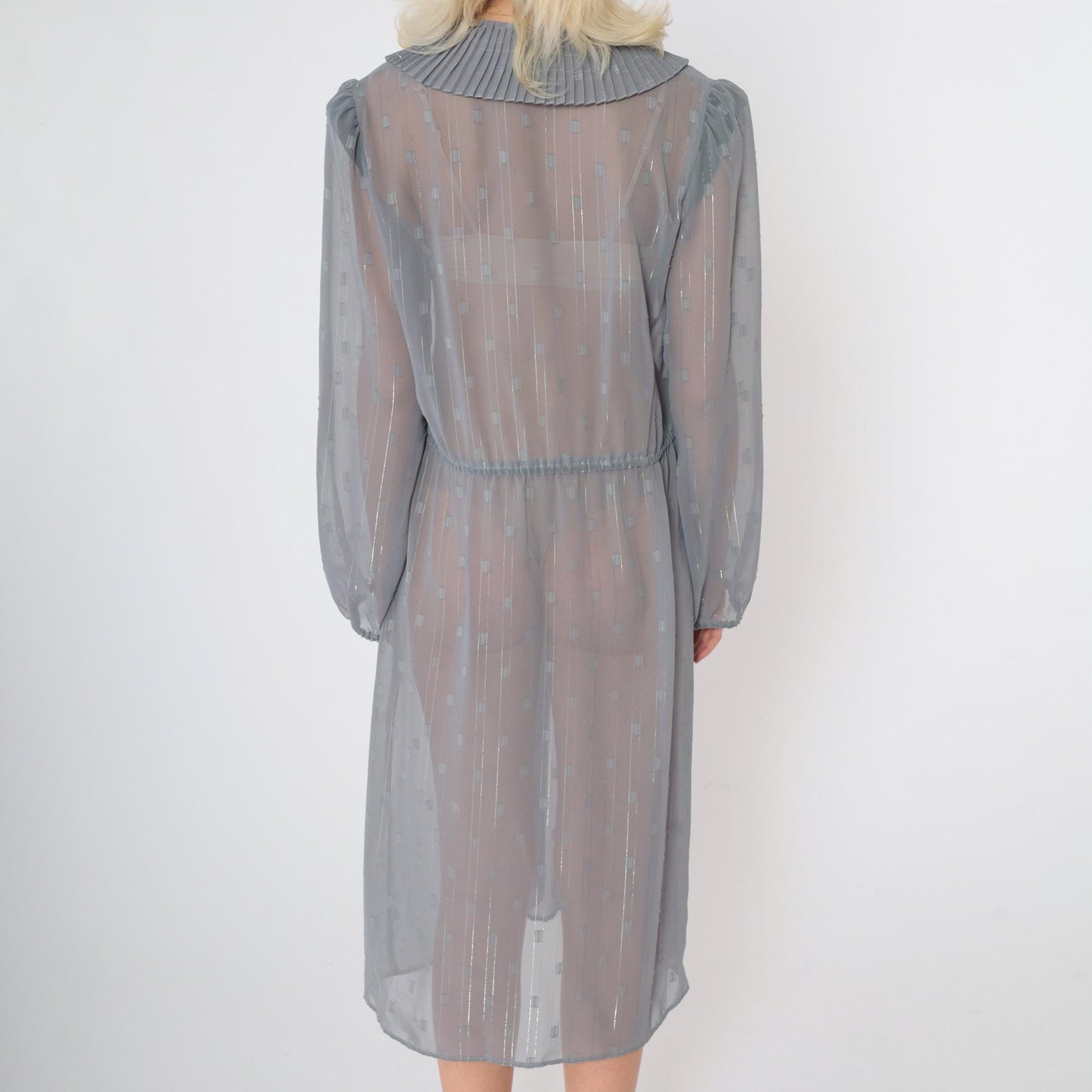 80s Donna Morgan Sheer Grid Midi Dress Grey Metallic Puff Sleeve Deep V Large