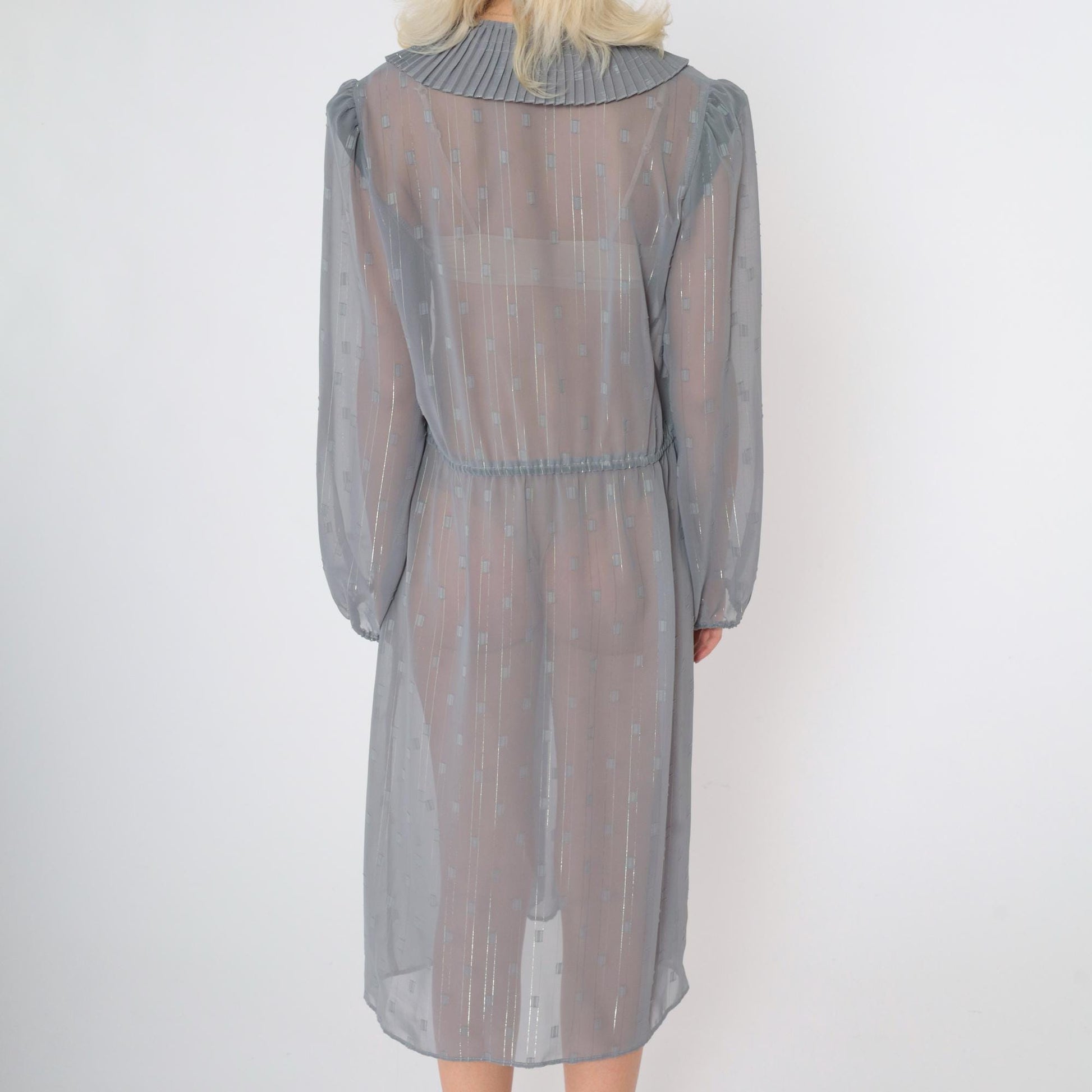 80s Donna Morgan Sheer Grid Midi Dress Grey Metallic Puff Sleeve Deep V Large