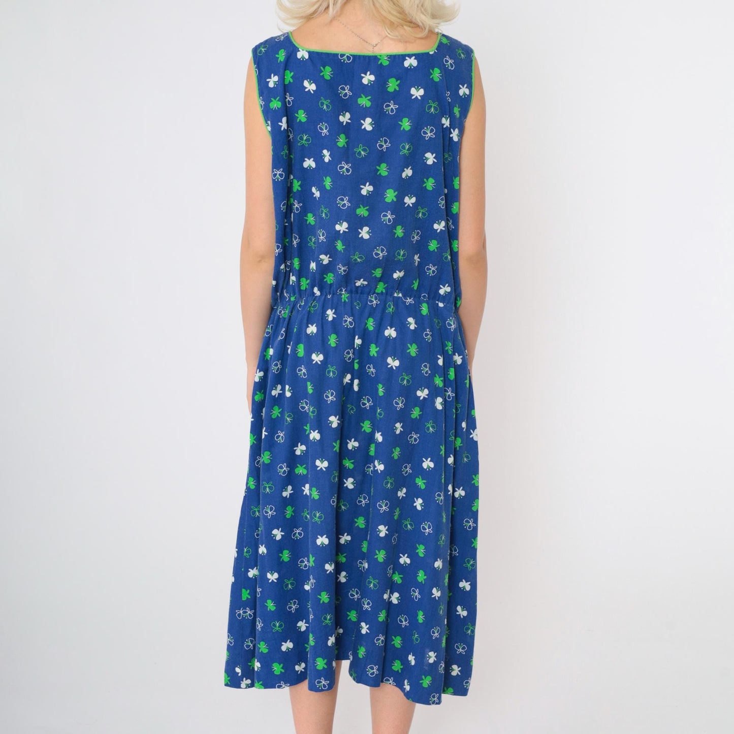 70s Butterfly Print Blue Midi Dress High Elastic Waist Sleeveless Large