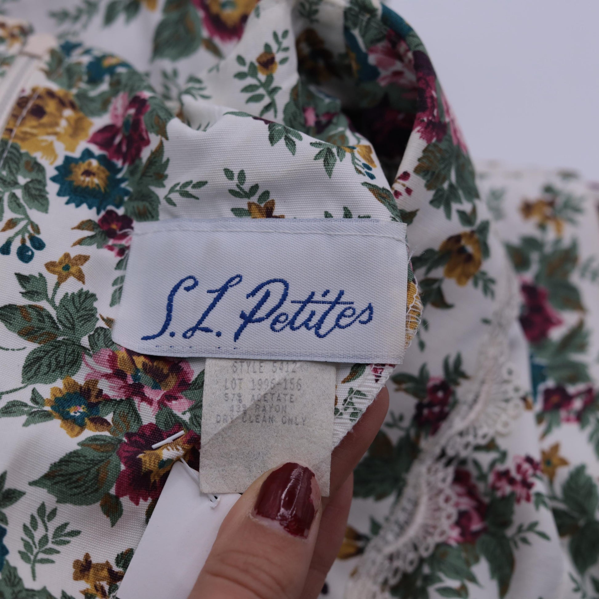 80s S.L. Petites Floral Midi Dress Deep V Puff Sleeve White Multicolor Small