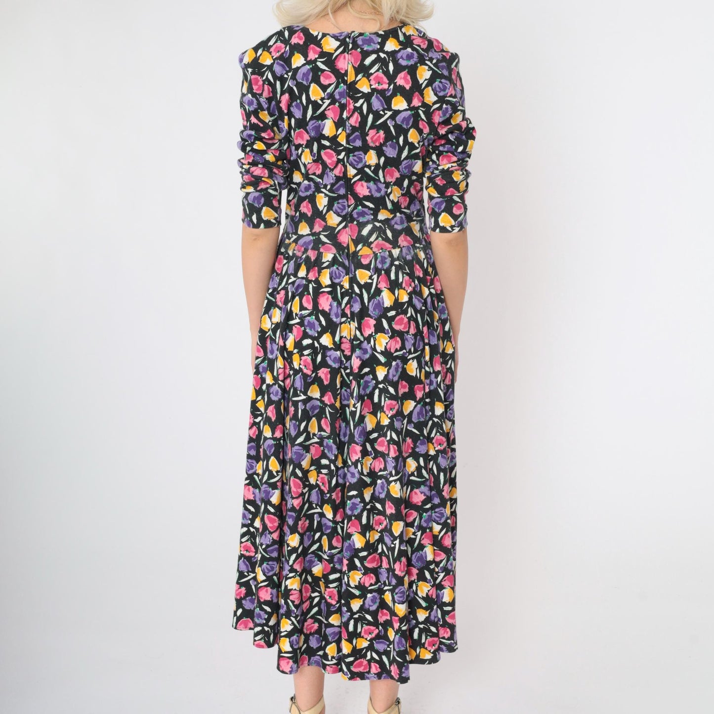 80s Black Floral Drop Waist Midi Dress Pink Yellow Purple 3/4 Sleeve Medium