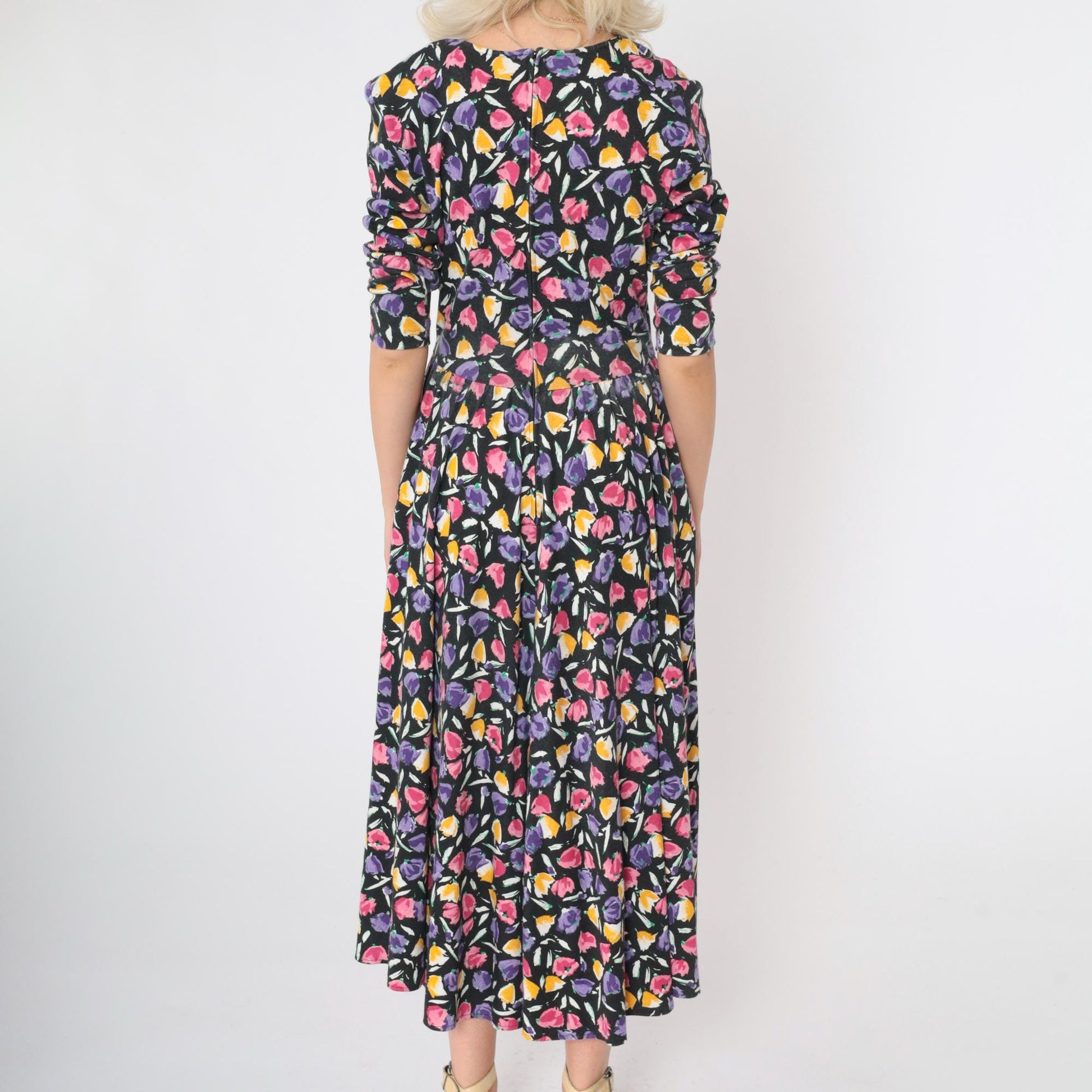 80s Black Floral Drop Waist Midi Dress Pink Yellow Purple 3/4 Sleeve Medium