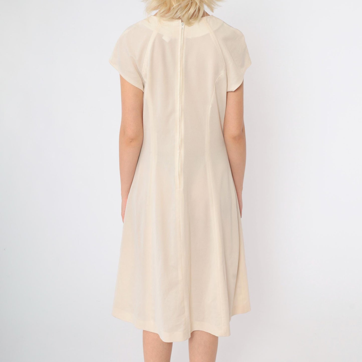 60s Mod Shift Dress Cream Semi-Sheer Raglan Midi Small Medium