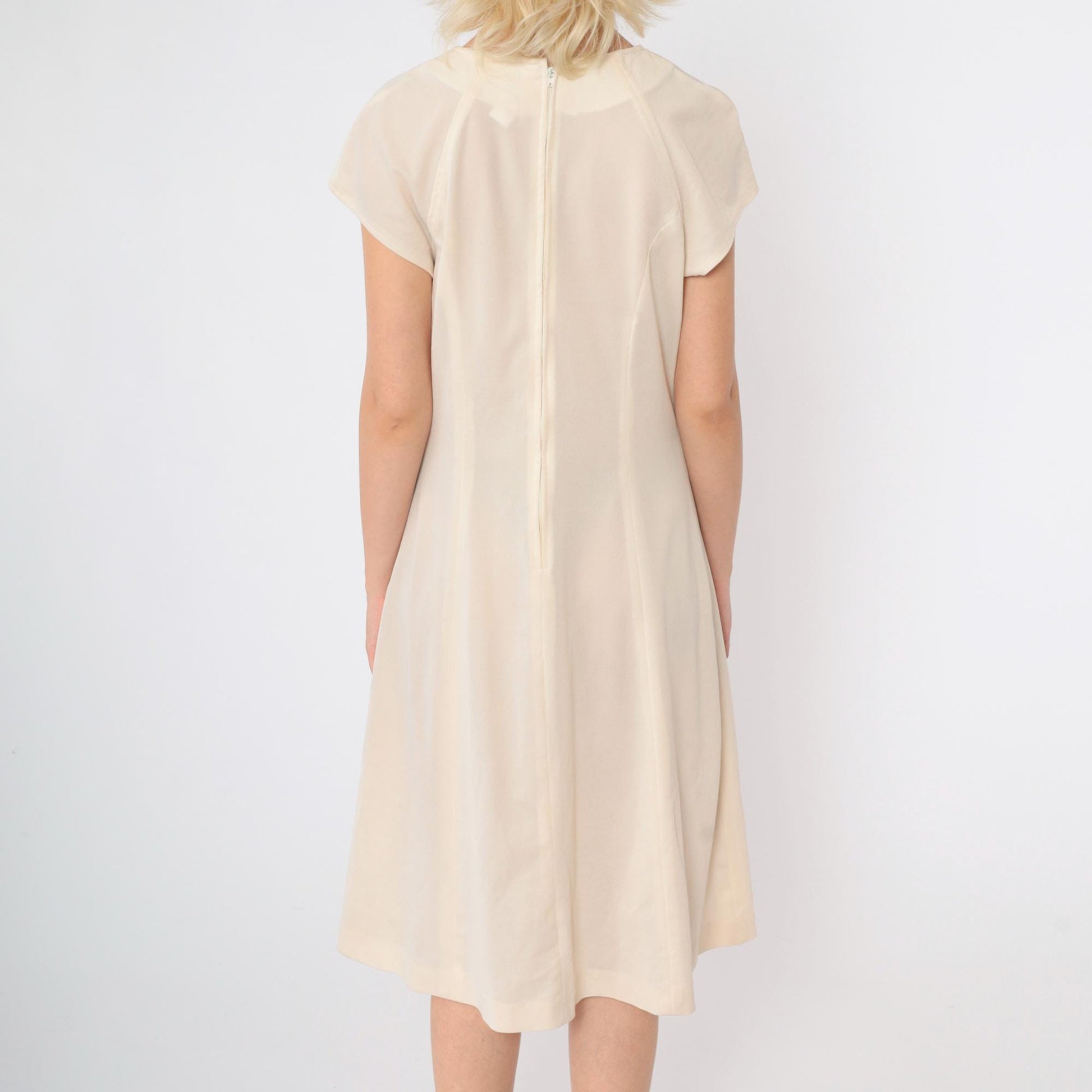 60s Mod Shift Dress Cream Semi-Sheer Raglan Midi Small Medium
