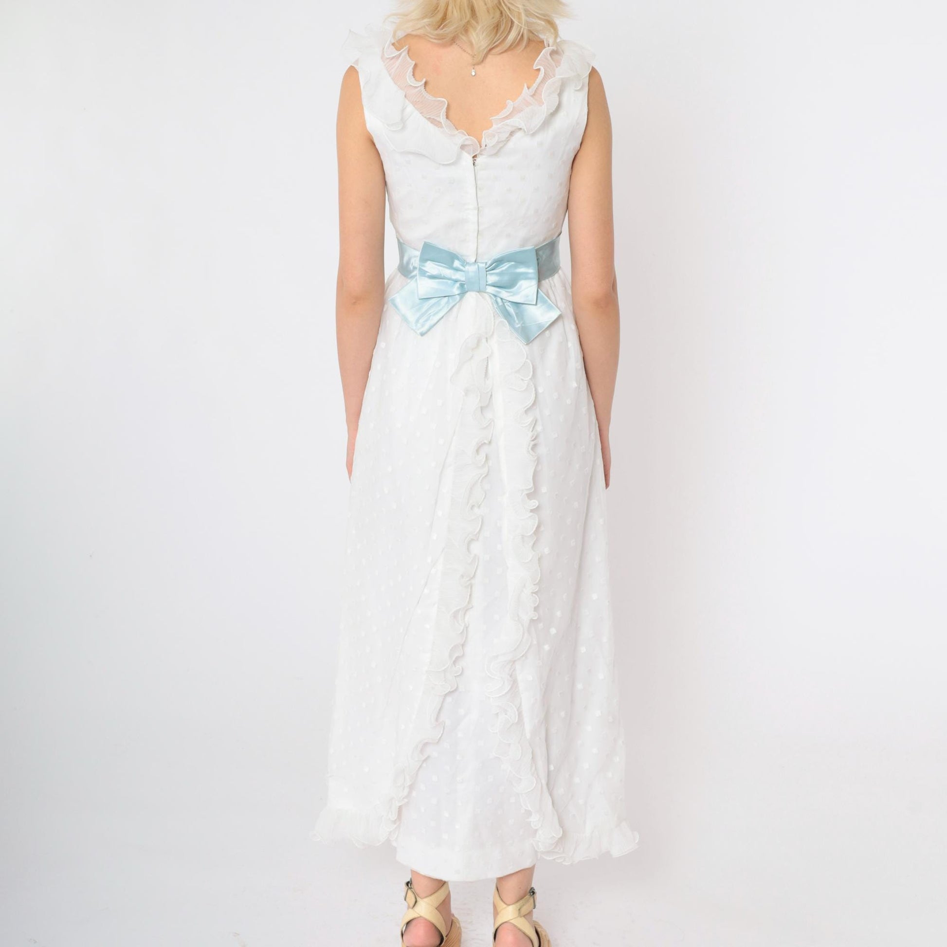 60s White Maxi Dress Flocked Polka Dot Empire Waist Satin Bow Extra Small