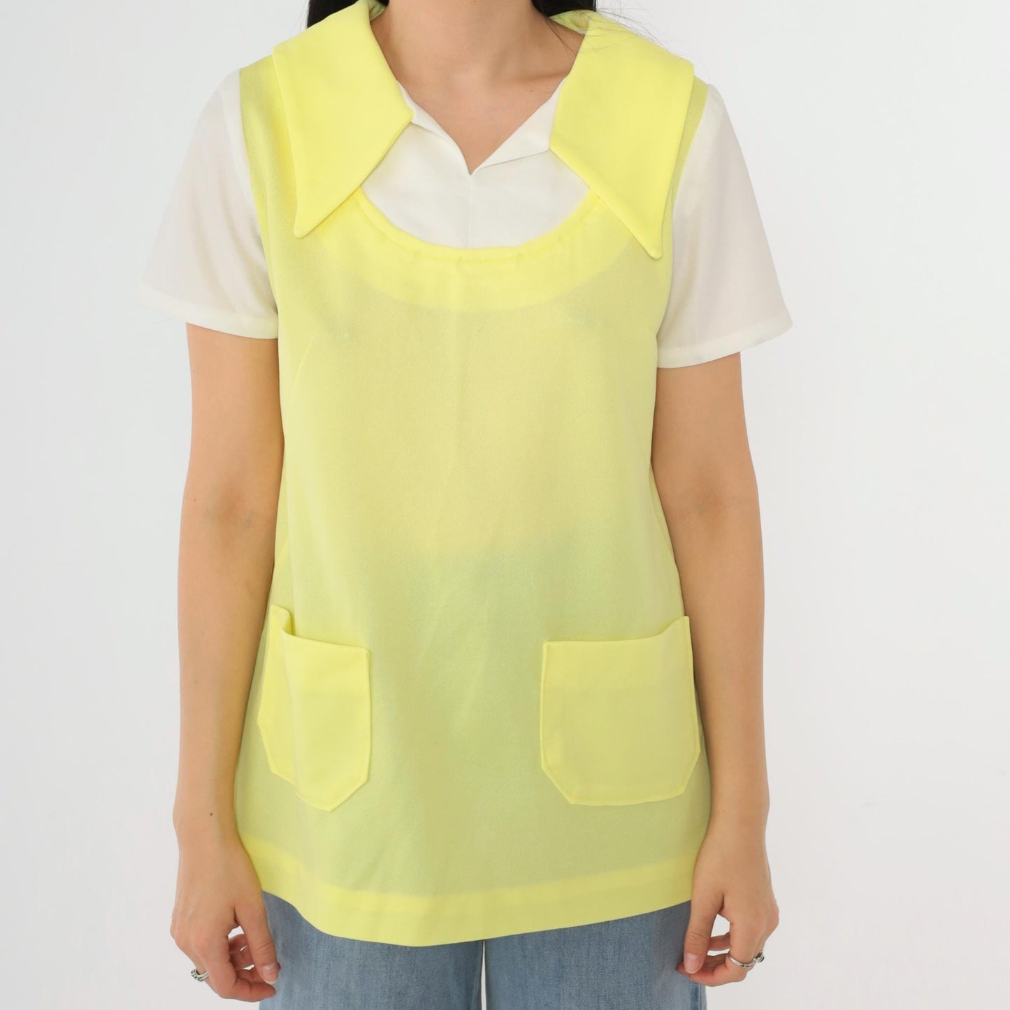 1960s Mod Yellow Pointed Collar Blouse Short Sleeve Layered Vest Pocket Top Medium M