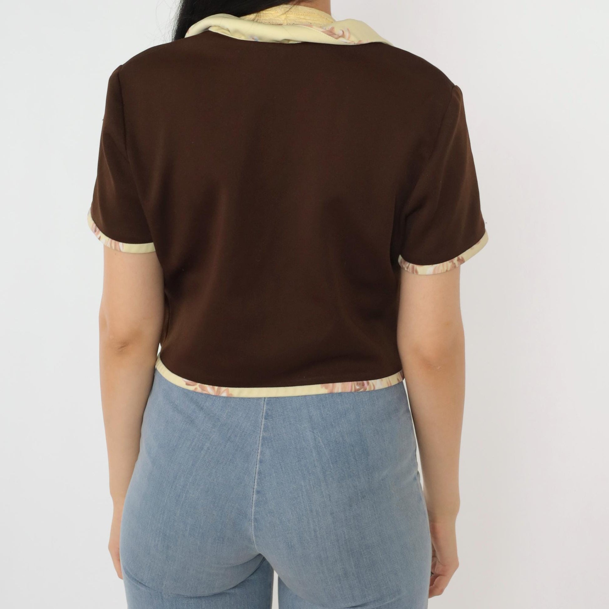 70s Brown Open Front Jacket Yellow Floral Trim Short Sleeve Medium