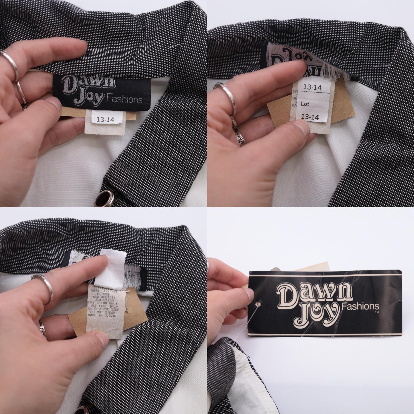 90s White Button-Up Blouse Black Check Collar Hidden Placket 3/4 Sleeve Large L