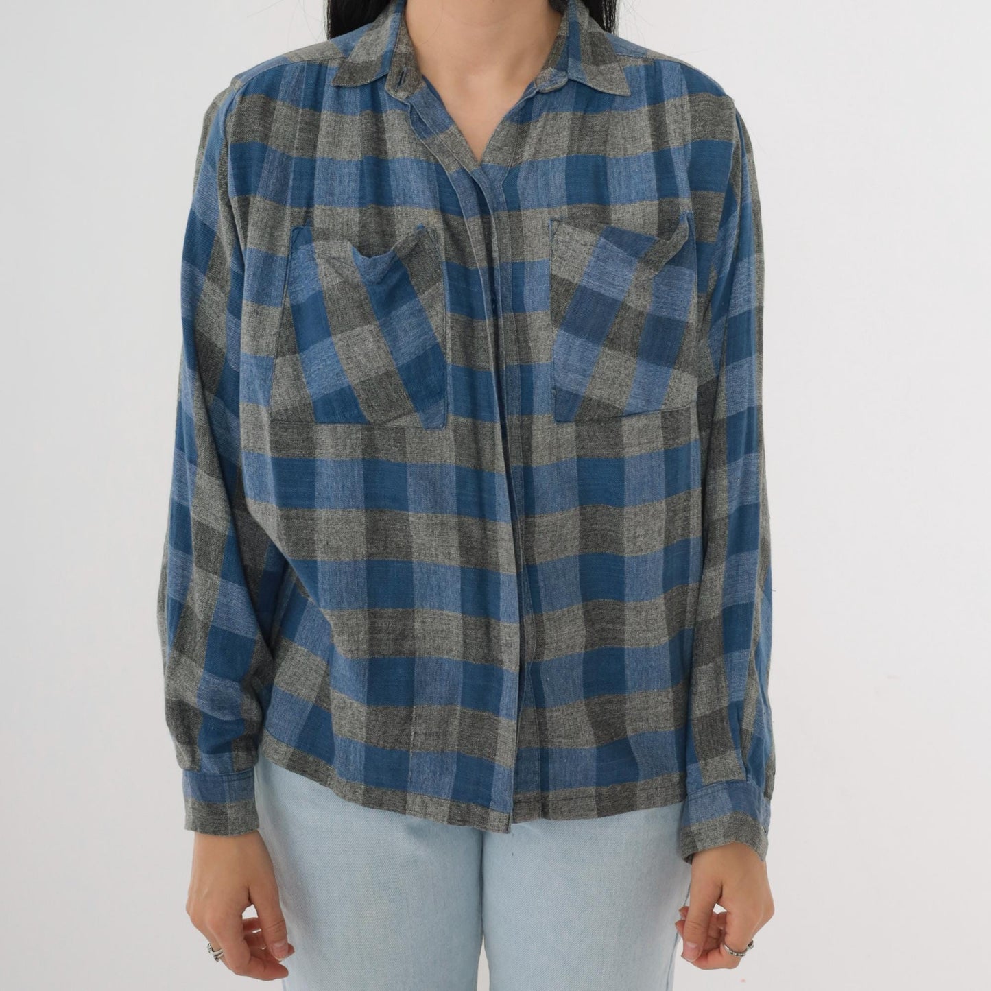 90s Buffalo Plaid Button-Up Shirt Blue Grey Checkered Cotton Small