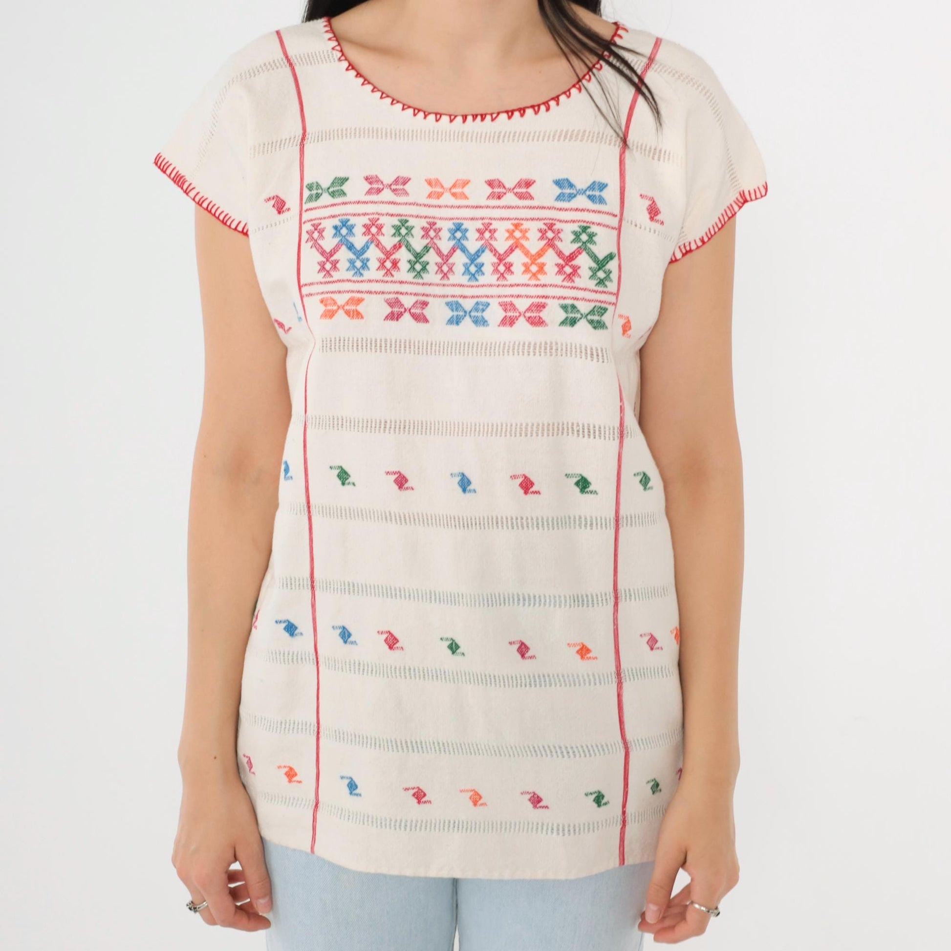 90s Mexican Embroidered Blouse Cream Geometric Cutwork Tunic Small
