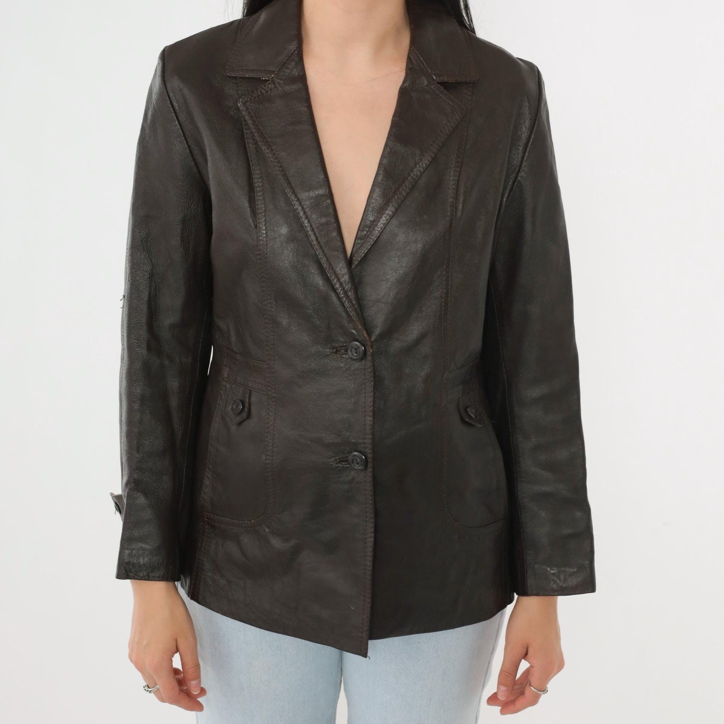 70s Golden Leaf Brown Leather Blazer V-Neck Tailored Jacket Small