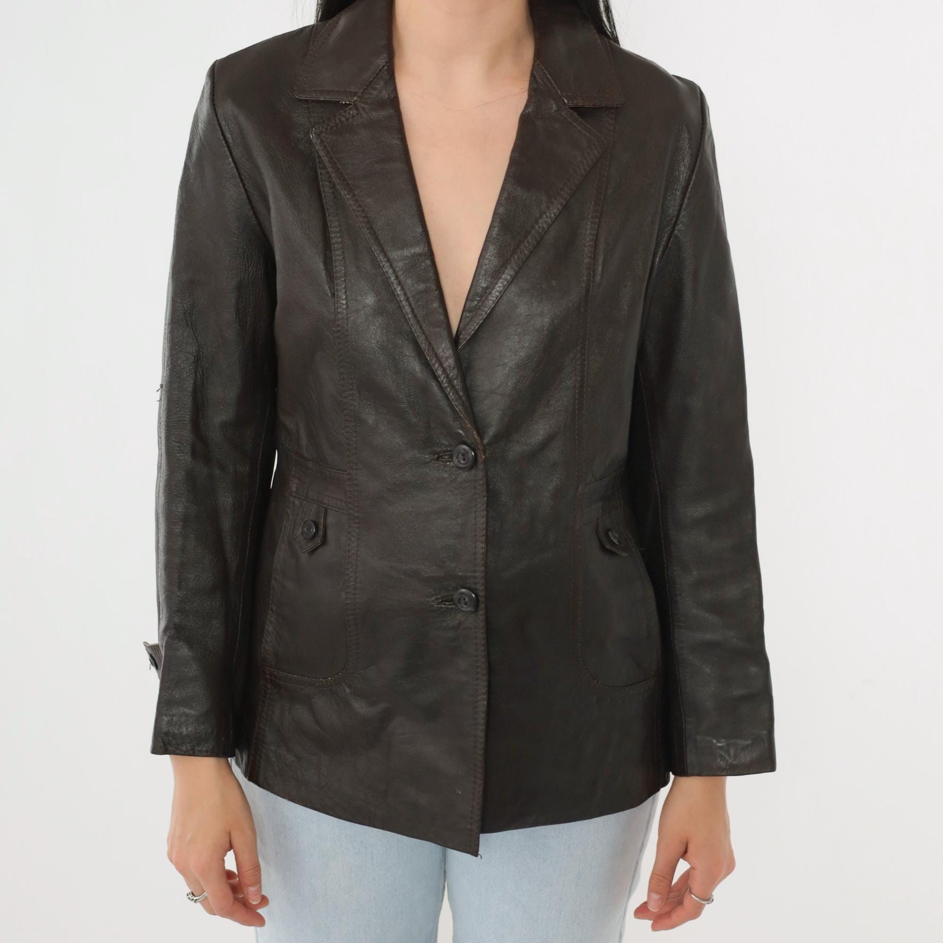 70s Golden Leaf Brown Leather Blazer V-Neck Tailored Jacket Small