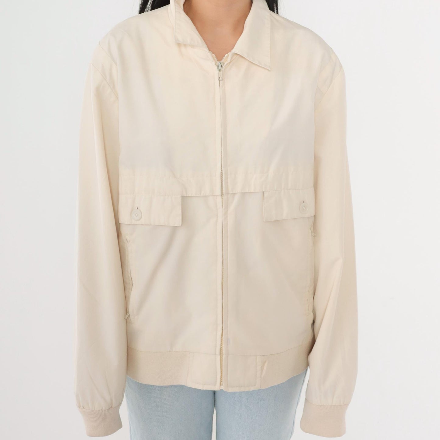 80s Christopher Rand Cream Windbreaker Jacket Plaid Lined Knit Cuff Medium