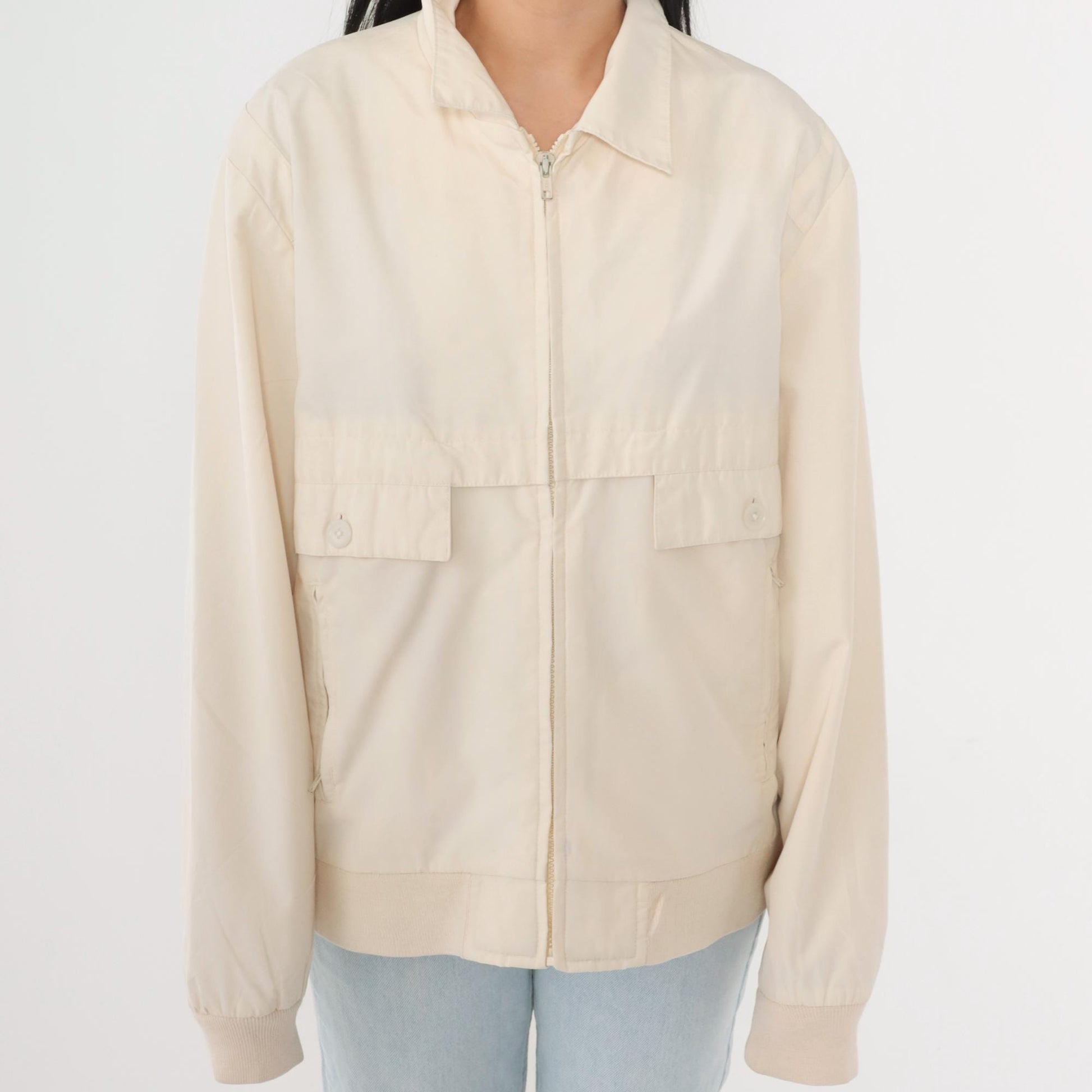 80s Christopher Rand Cream Windbreaker Jacket Plaid Lined Knit Cuff Medium