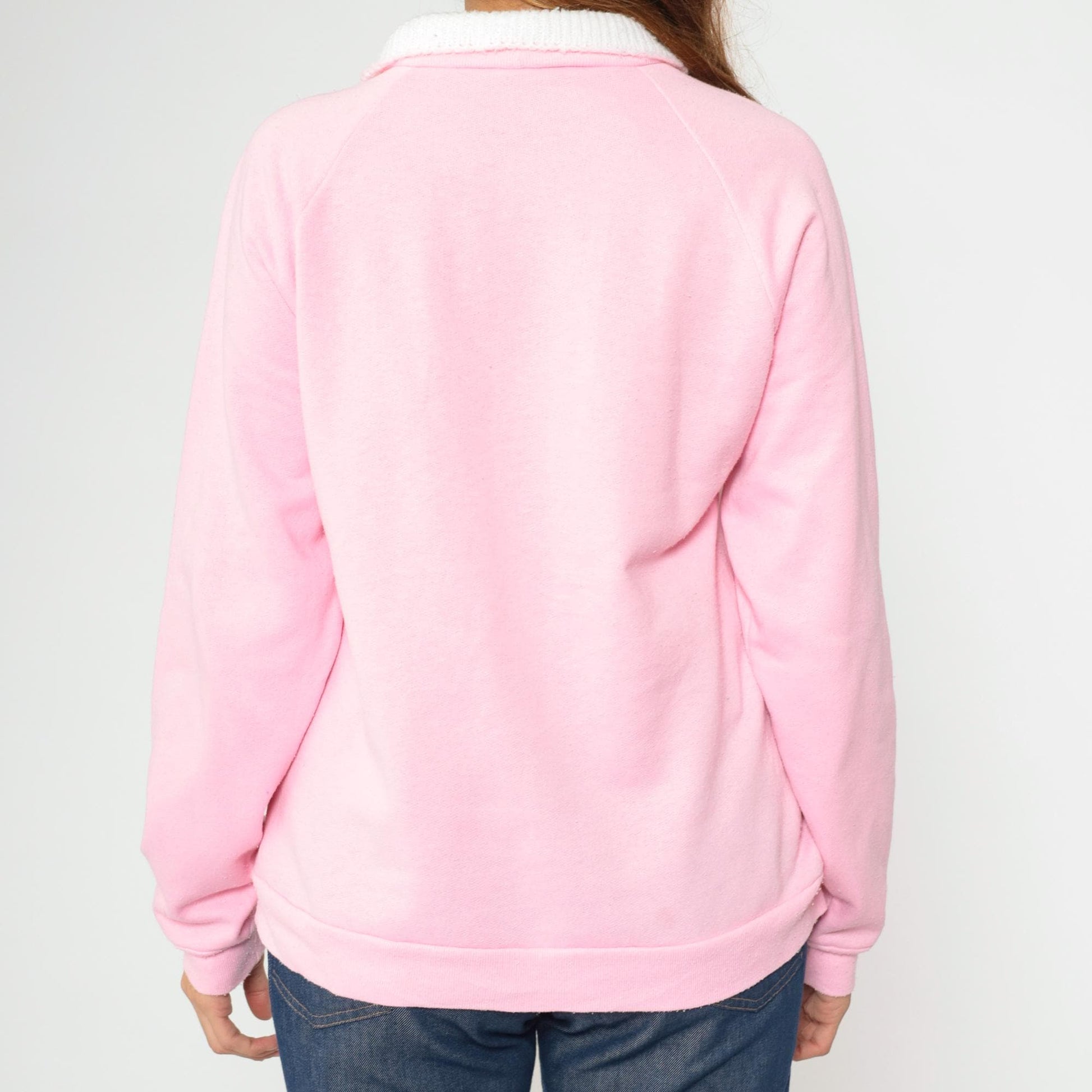 90s Pink Floral Knit Sweatshirt White Collar Raglan Pullover Medium