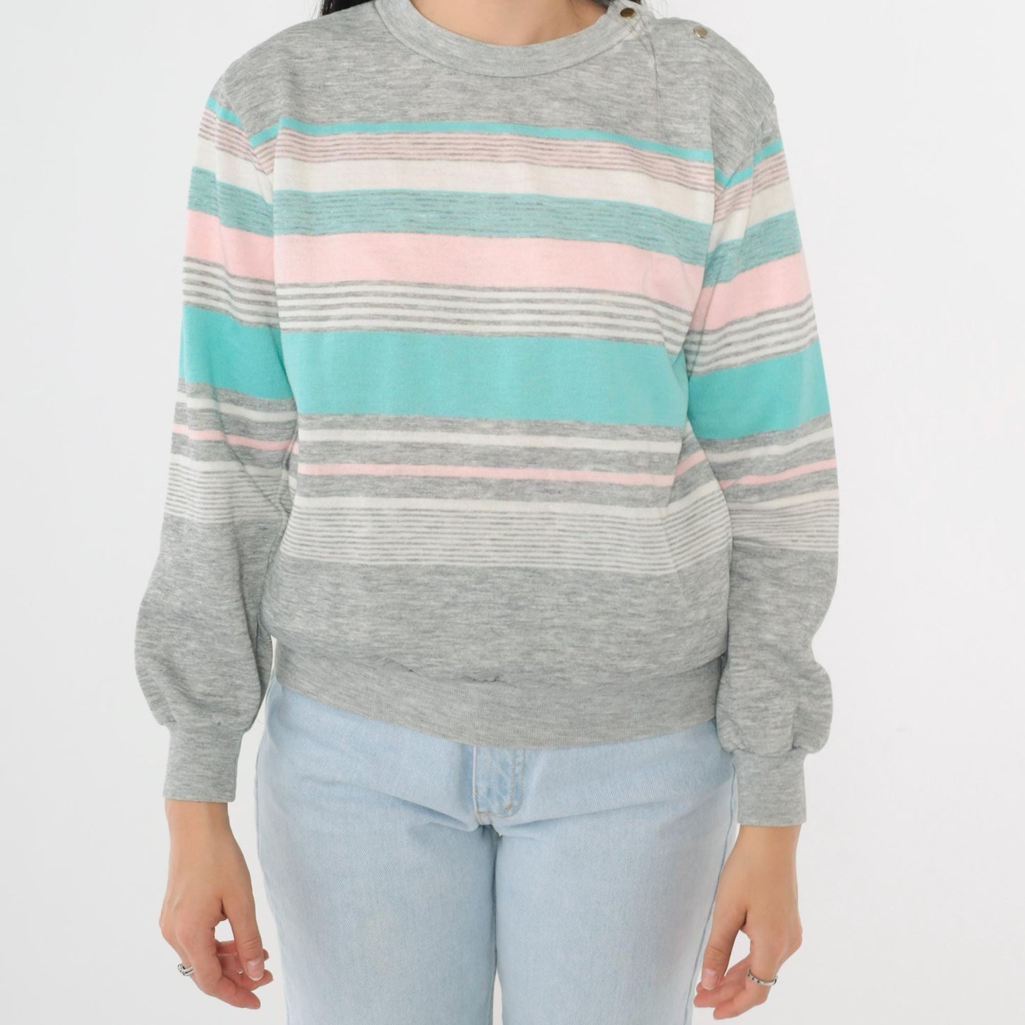80s Striped Crewneck Sweatshirt Heather Grey Pink Turquoise Snap Shoulder Small