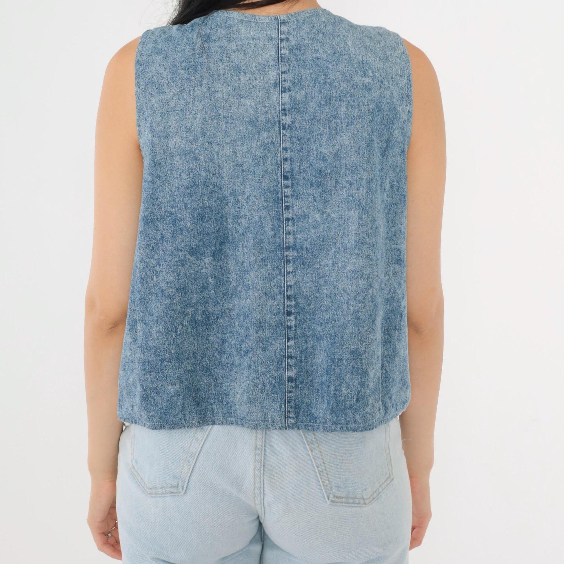 90s Reversible Vest White Nubby Texture Floral Chambray Denim Medium M