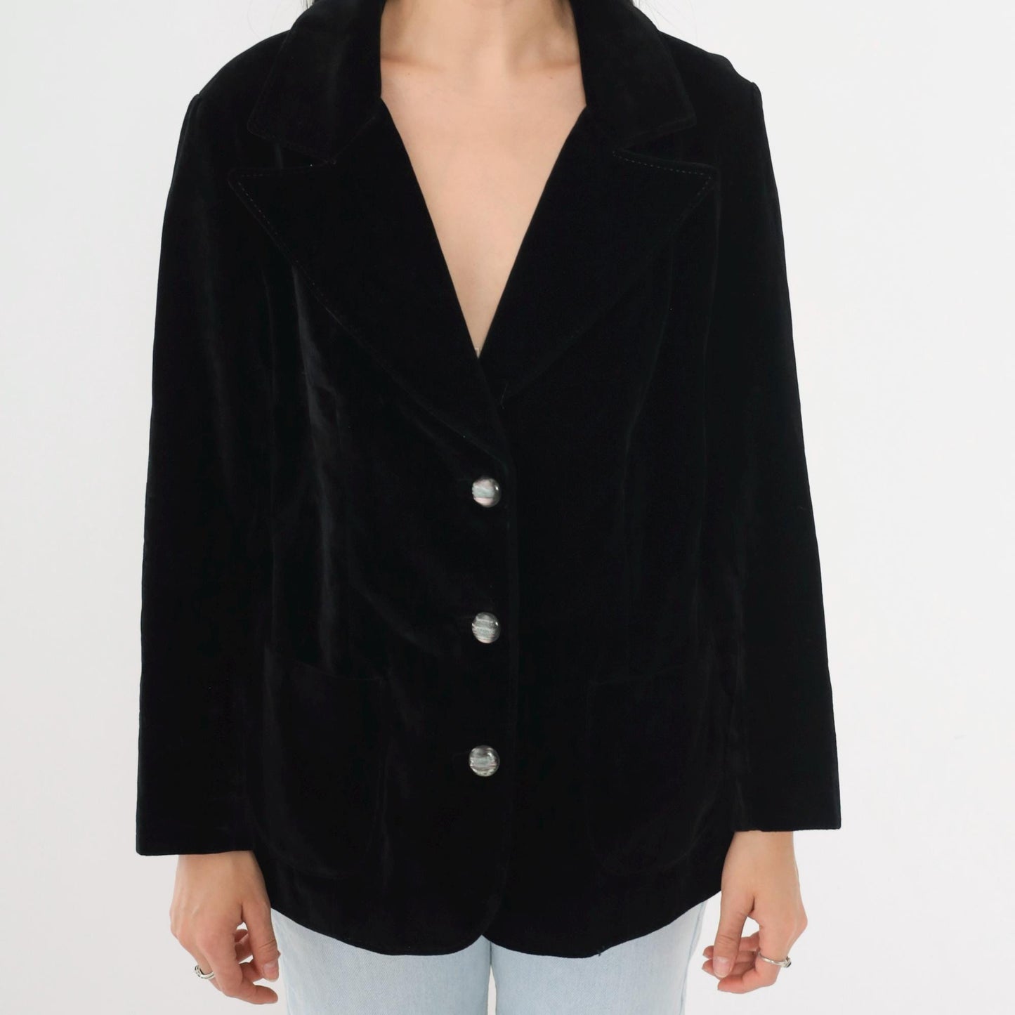 80s Black Velvet Blazer Tailored Button-Up Jacket Medium